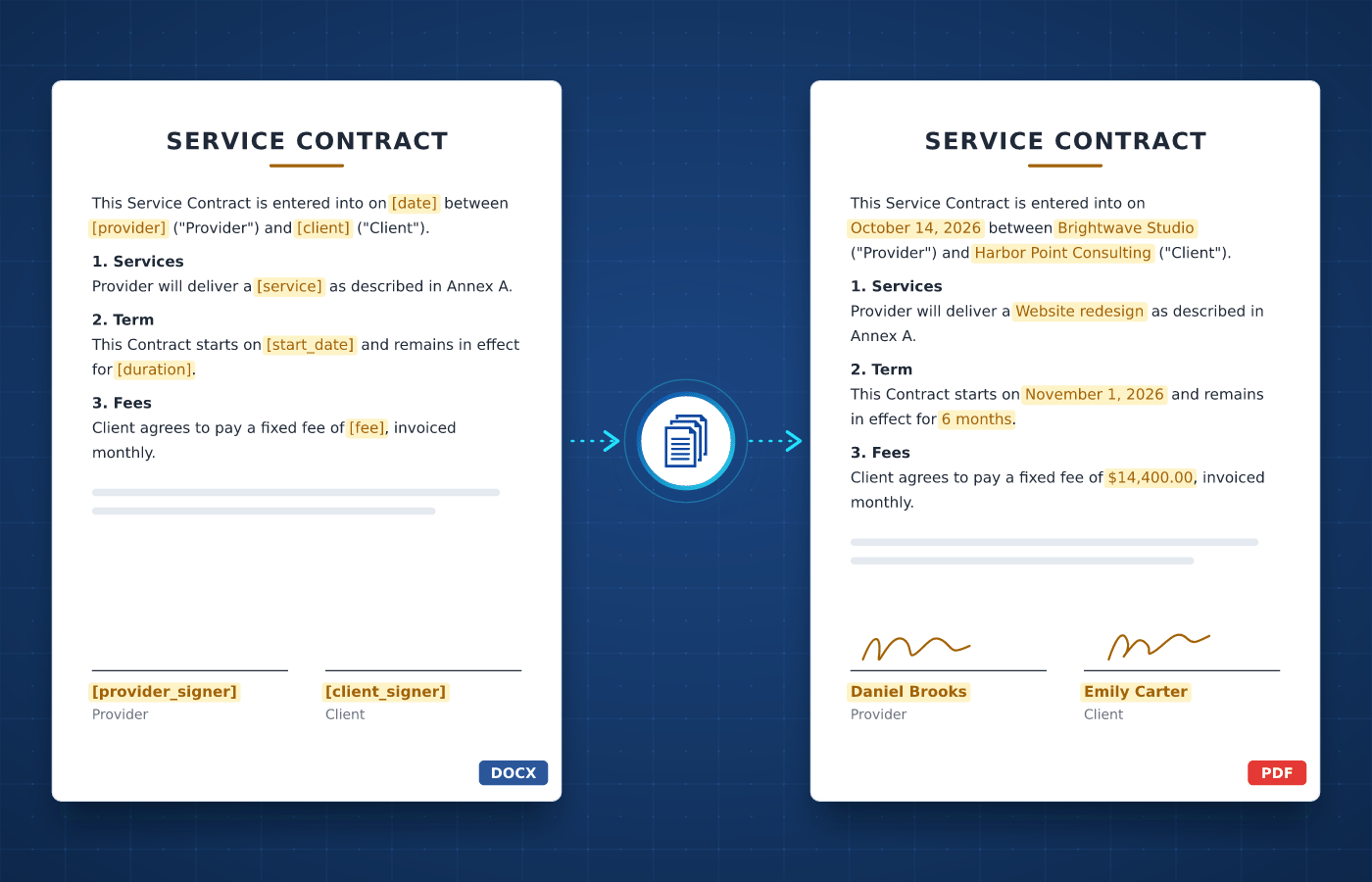 Contract template in Word with merge tags