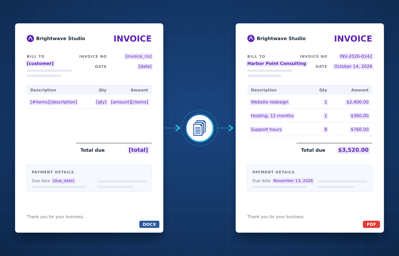 Invoice template in Word with merge tags