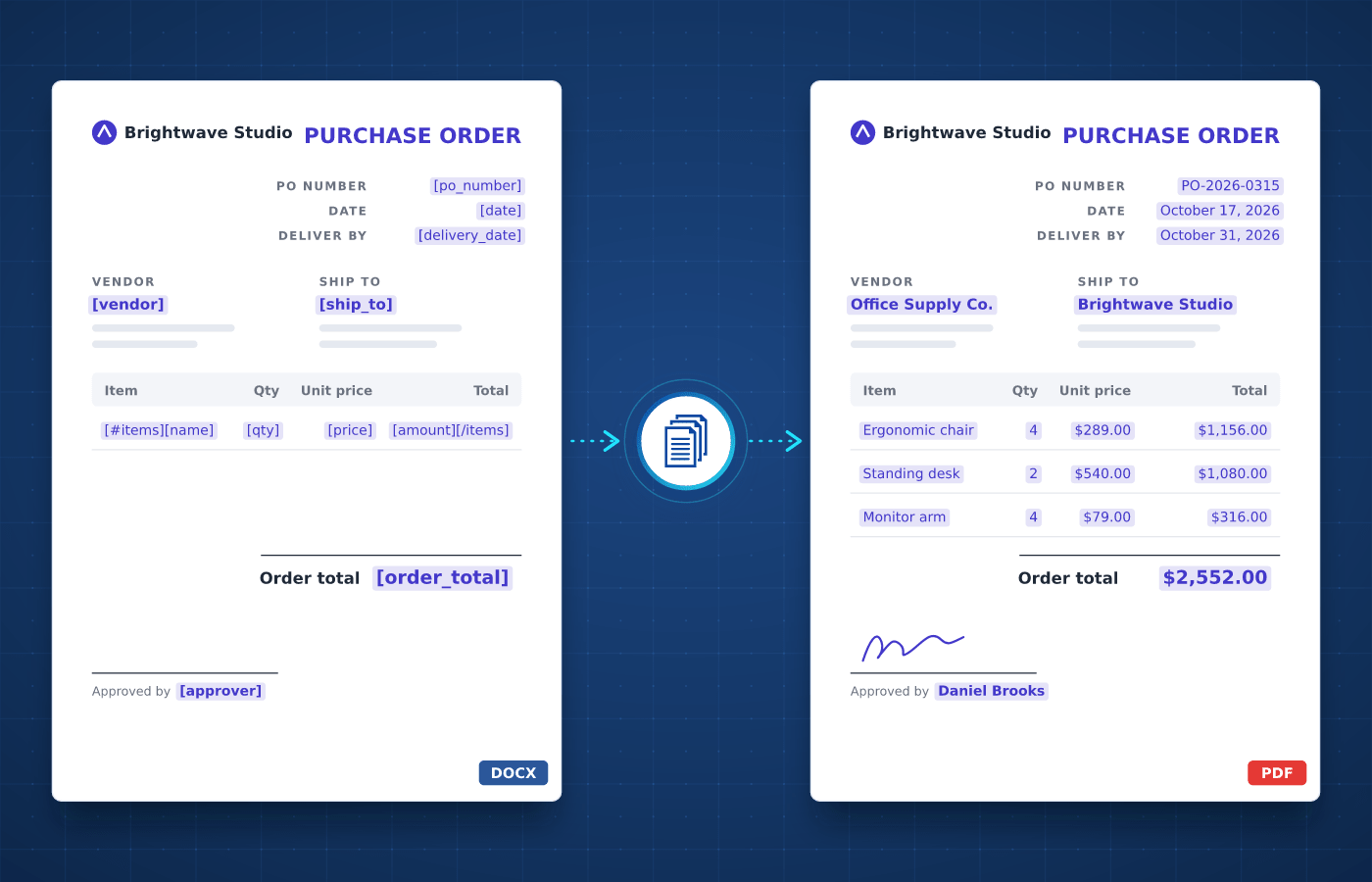 Modèle de commande dans Word avec des balises de fusion