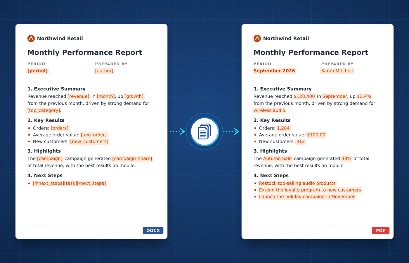 Report template in Word with merge tags