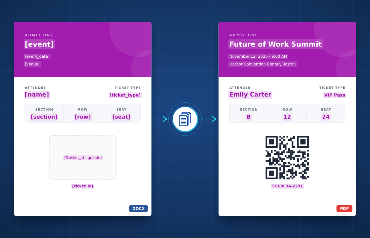Ticket template in Word with merge tags