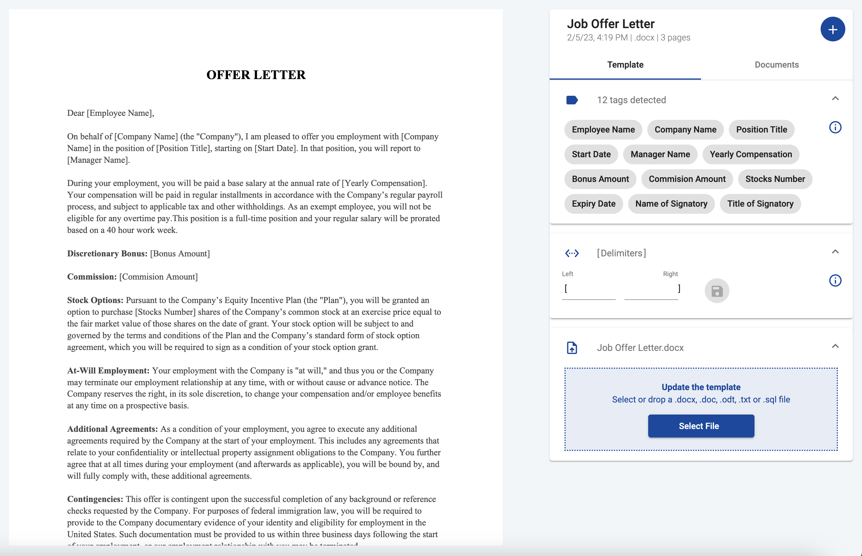 Invoice template containing merge tags