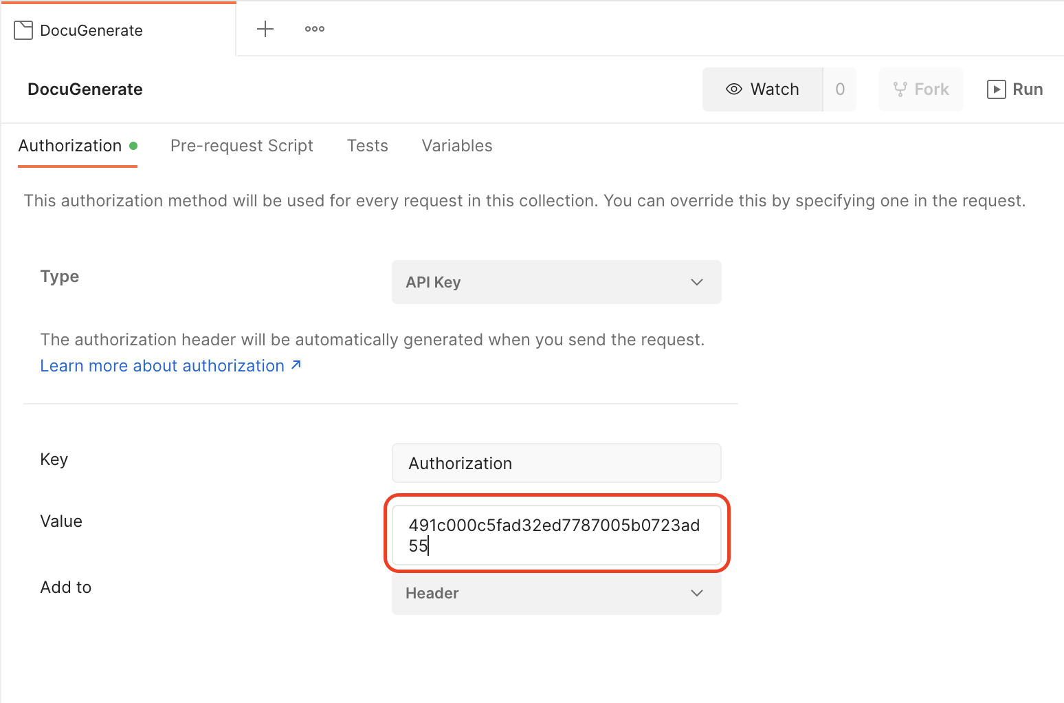 Setting DocuGenerate's API Key in Postman