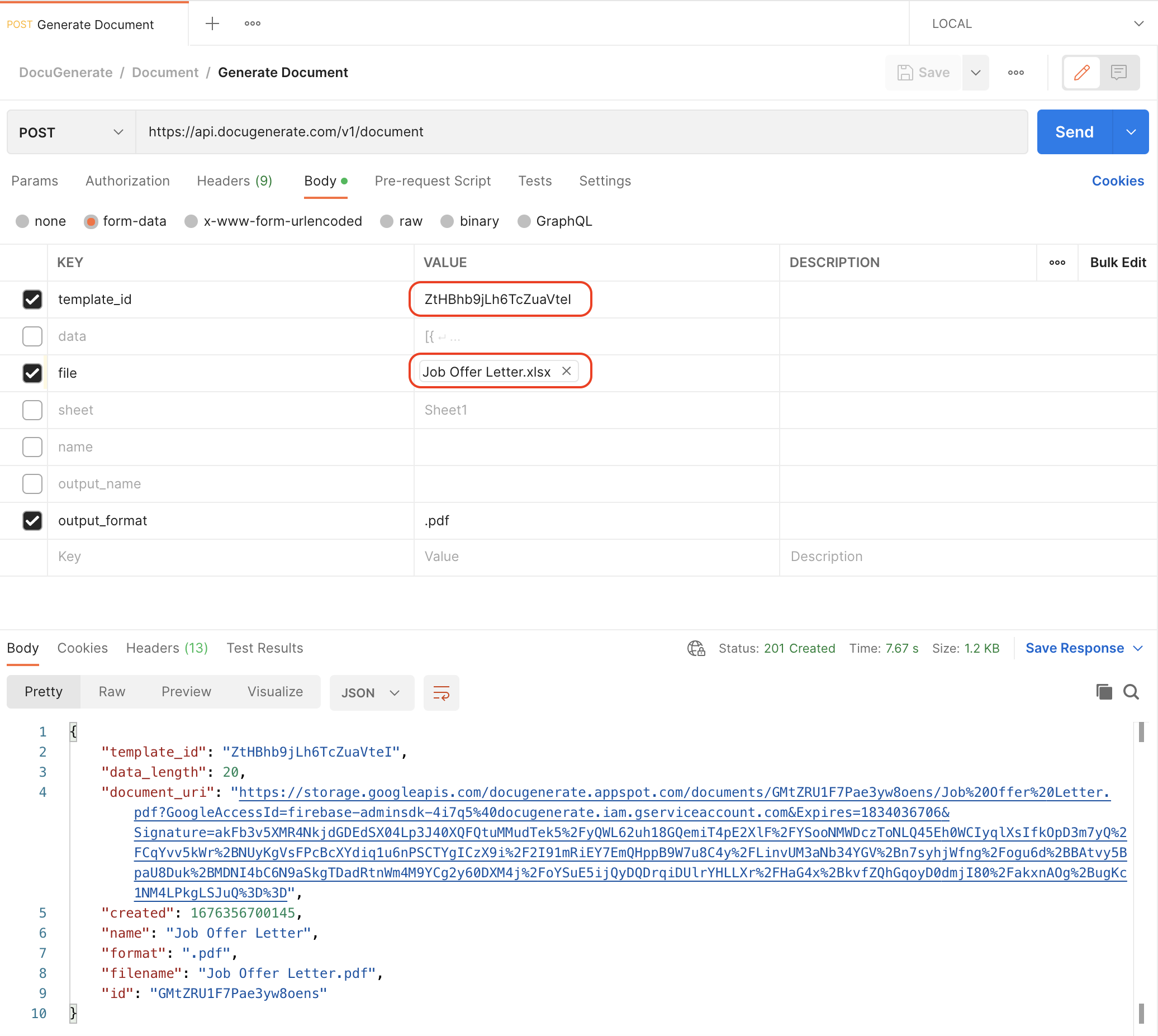 Generate multiple PDF letters from Job Offer template with Postman using Excel data