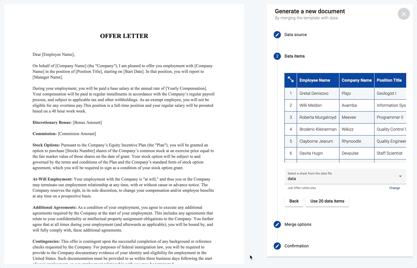 Generate a PDF letter from Job Offer template and Excel data