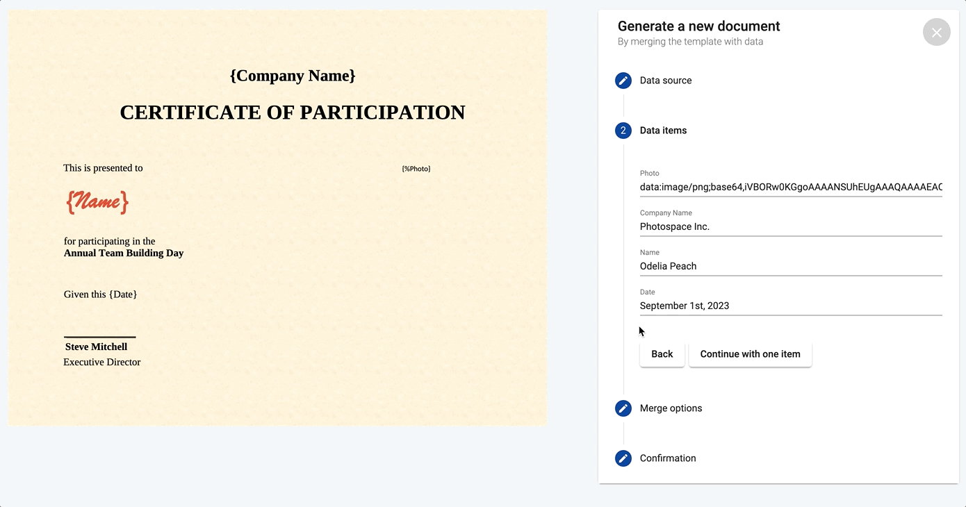 Participation certificate with profile picture for one person