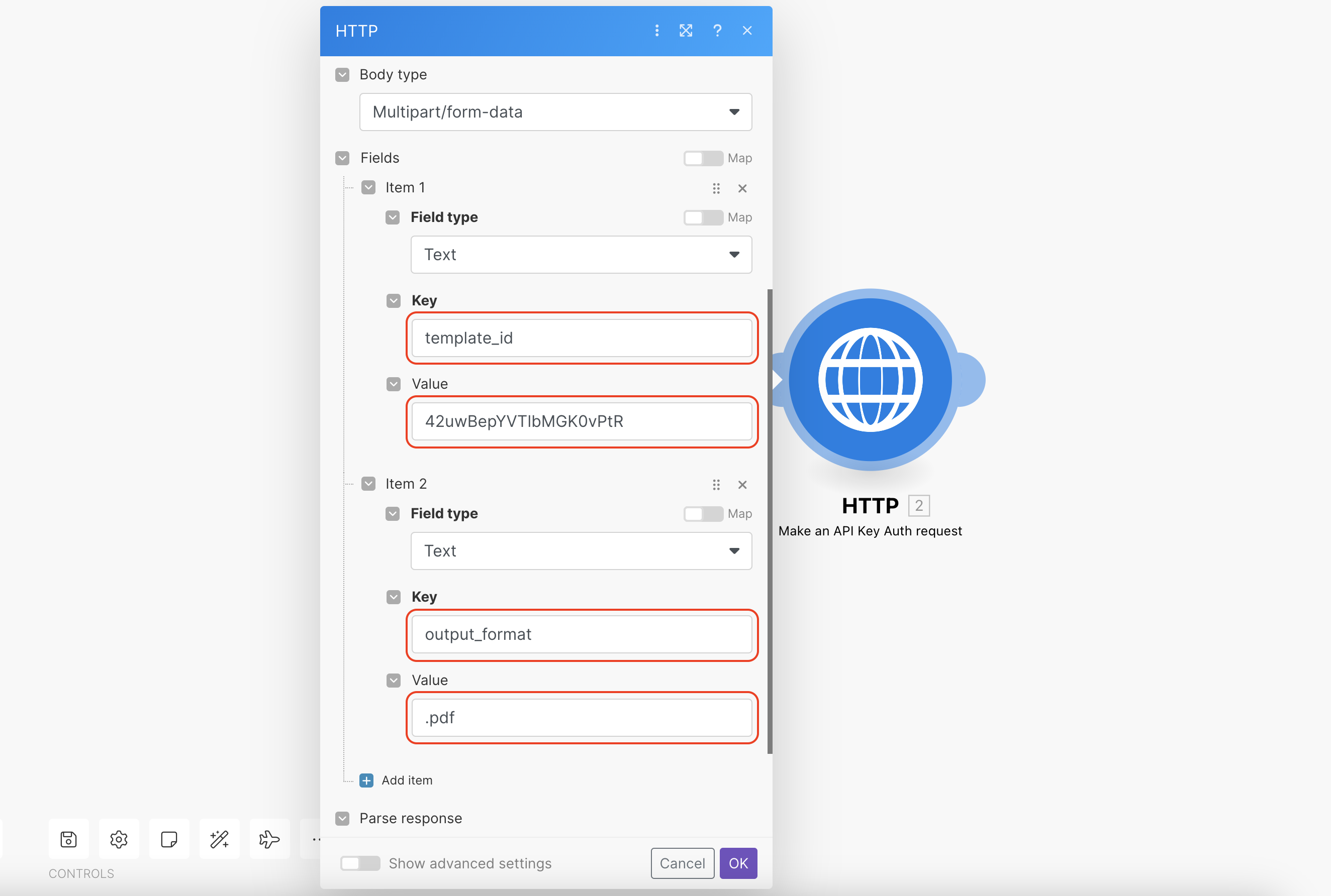 Configure the template_id and output_format fields