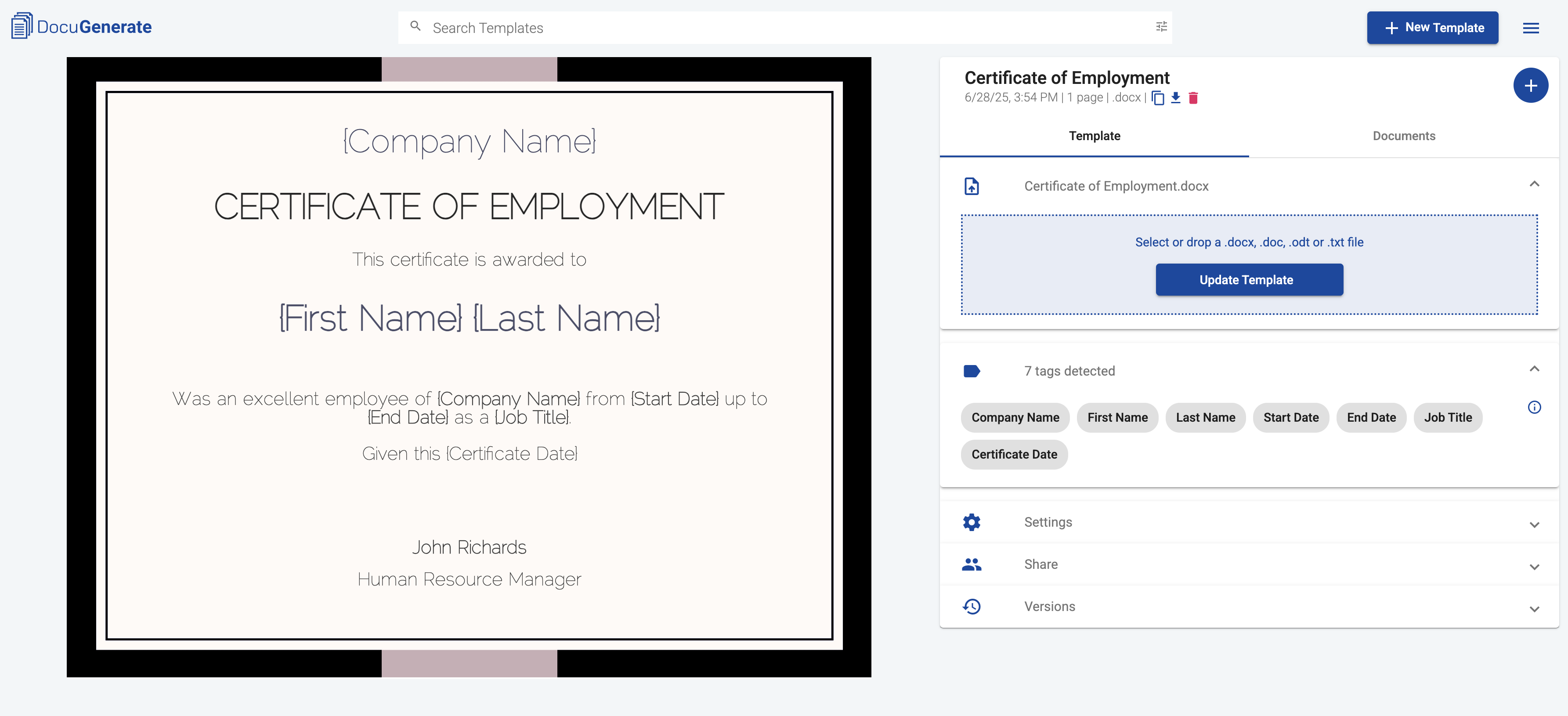 Certificate of Employment template in DocuGenerate