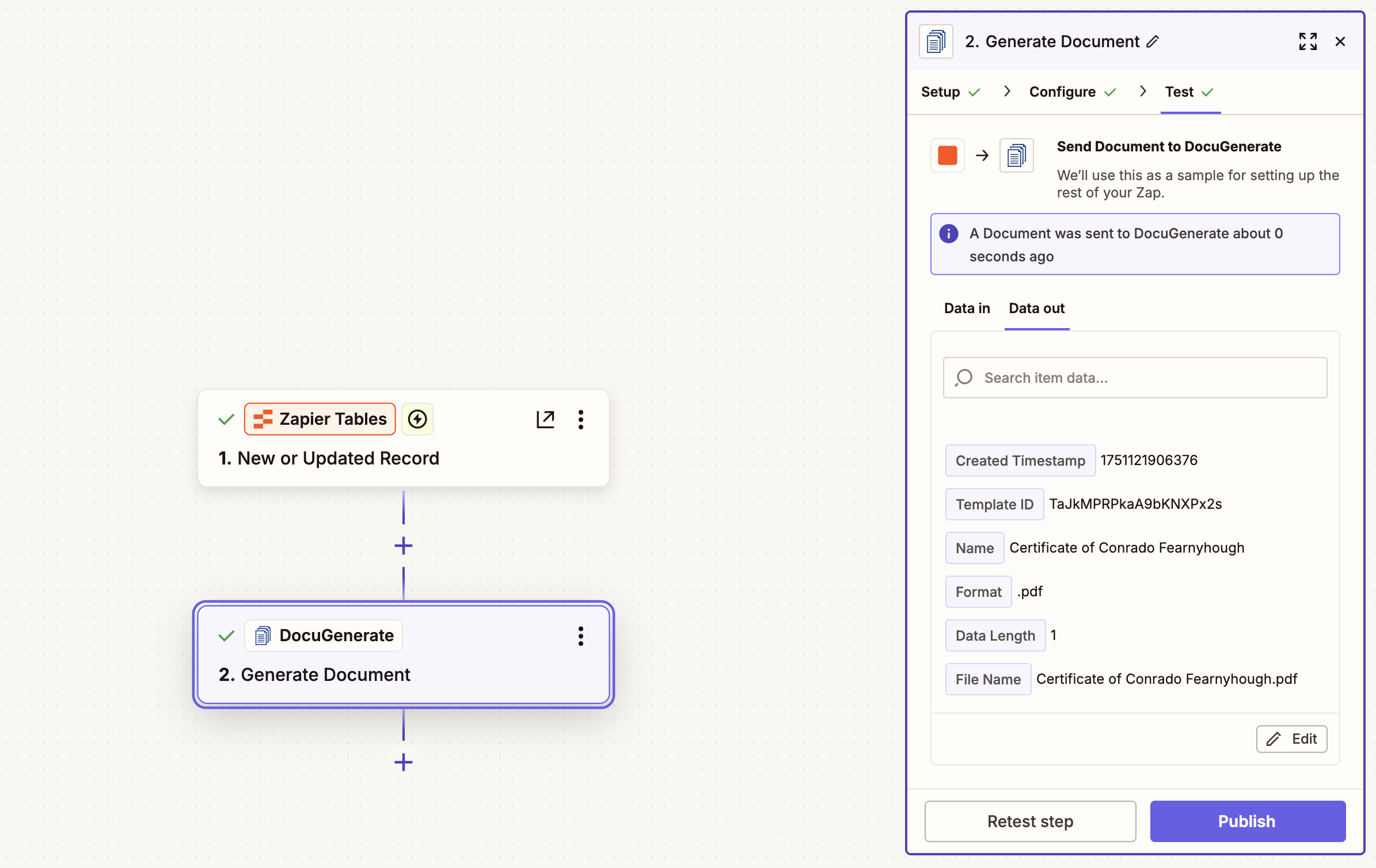 Test Generate Document action