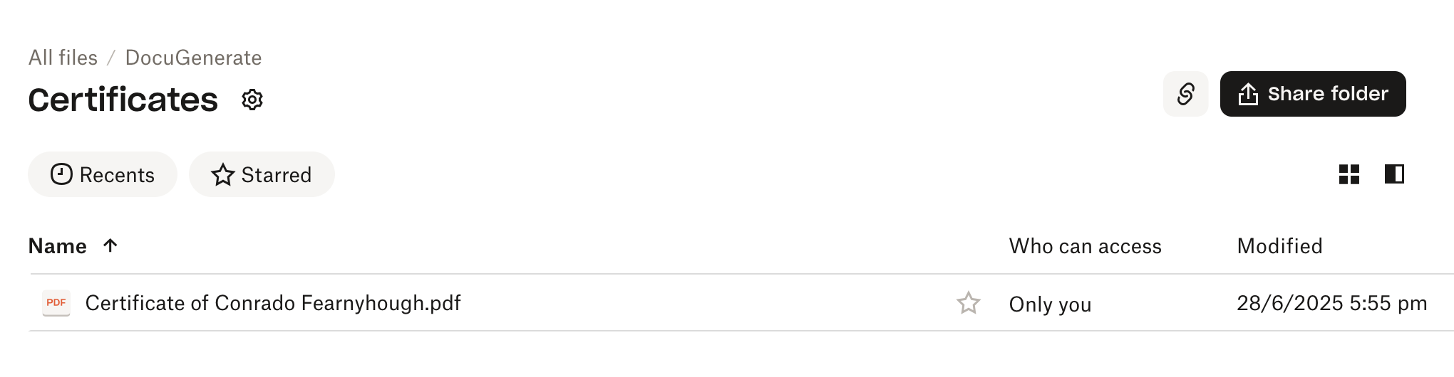 Dropbox files in the "Certificates" folder