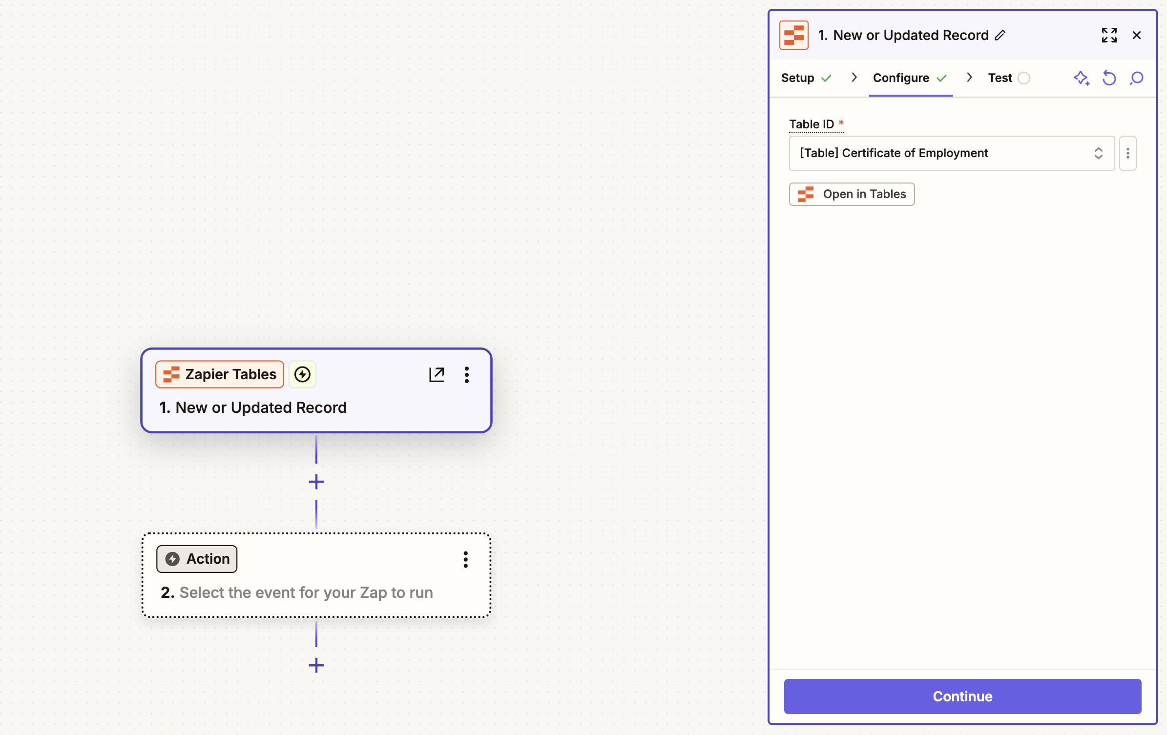 Configure Zapier Tables trigger