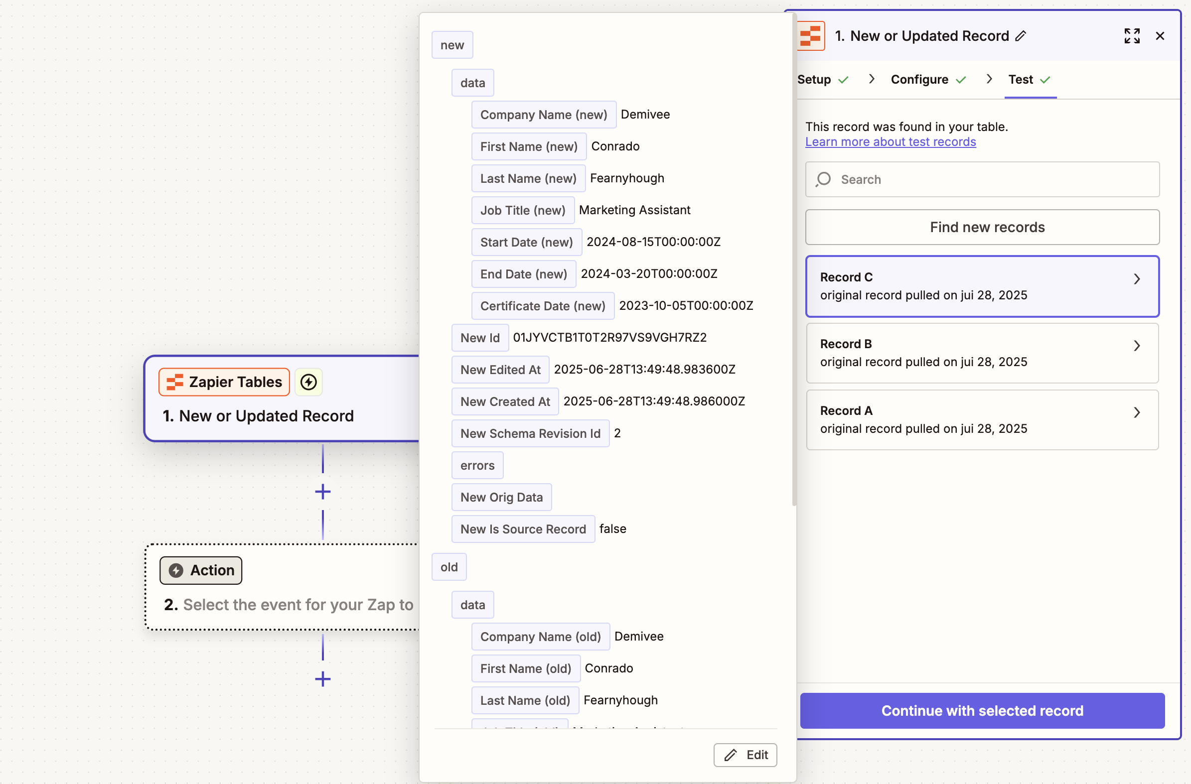 Test Zapier Tables trigger