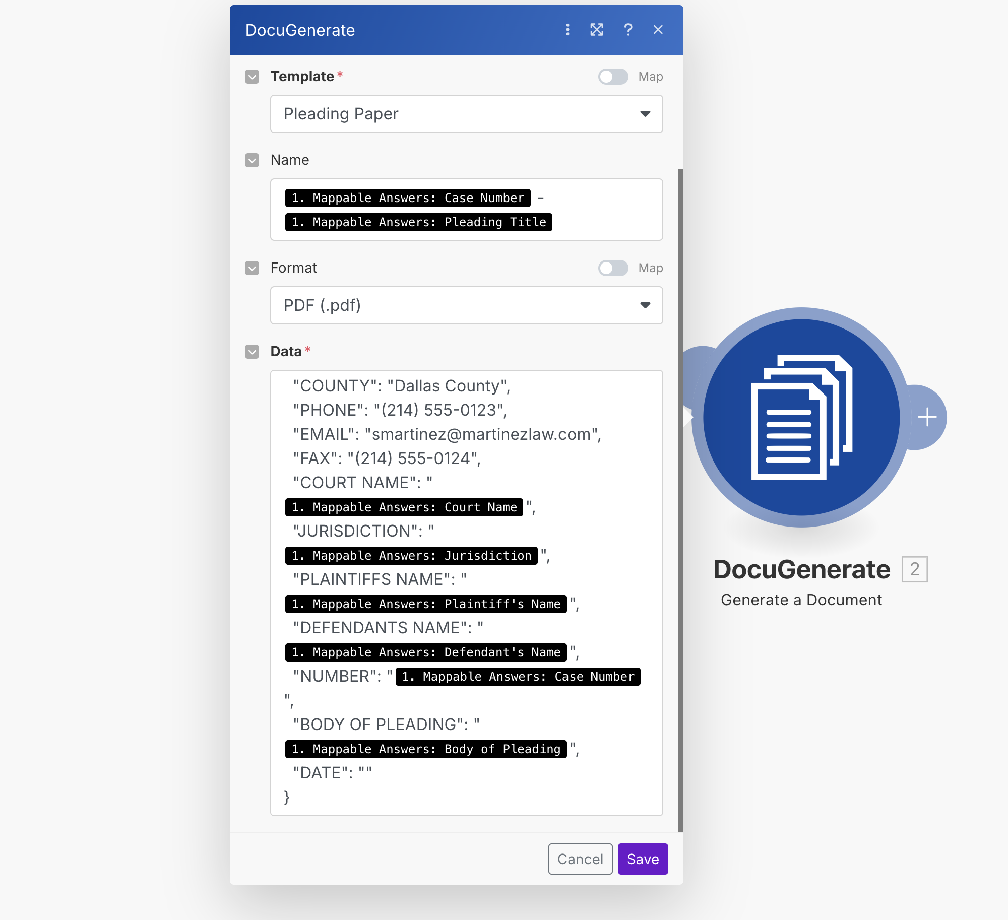 DocuGenerate Action Configuration