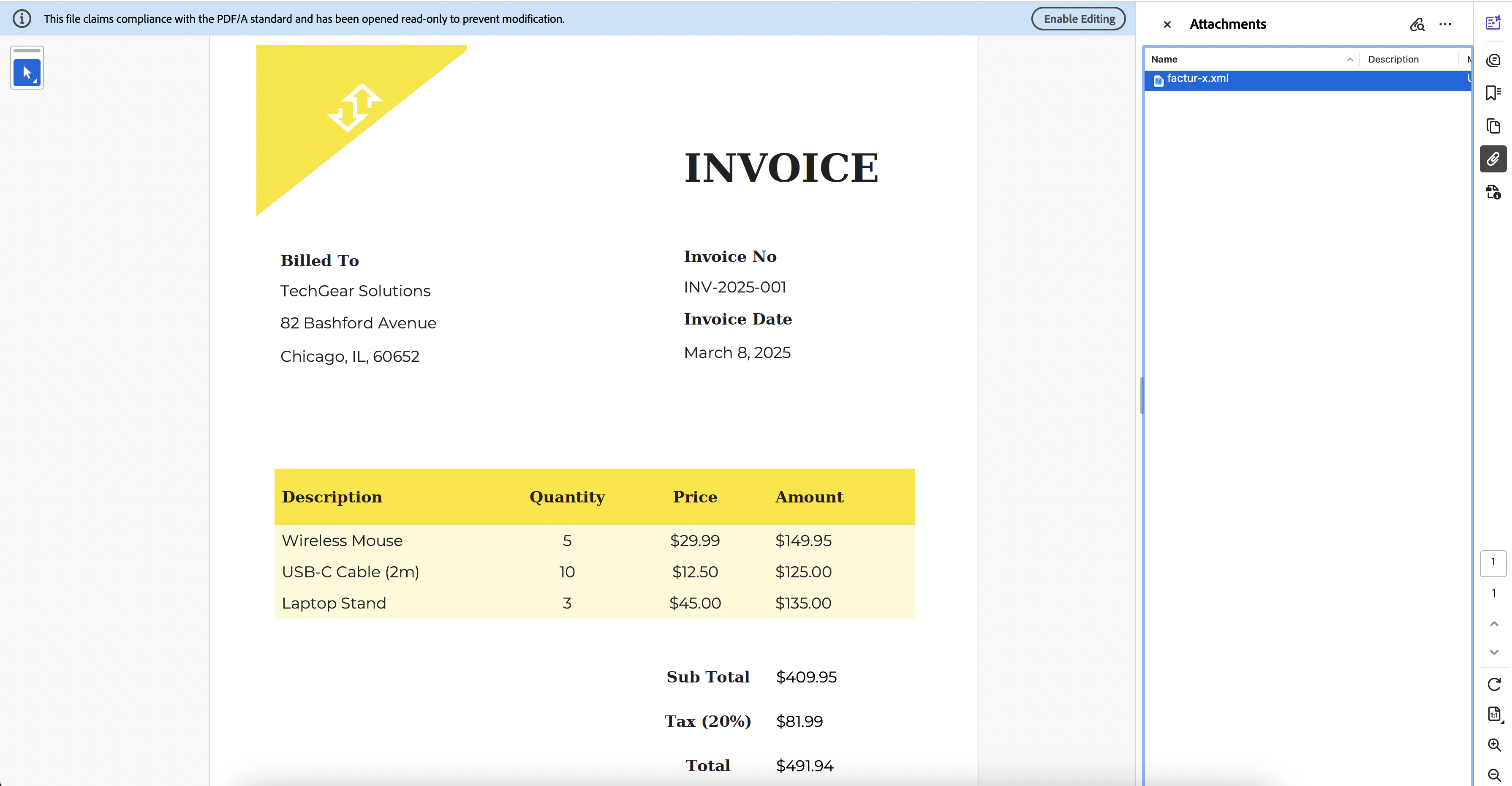 Generated PDF with XML attachment visible