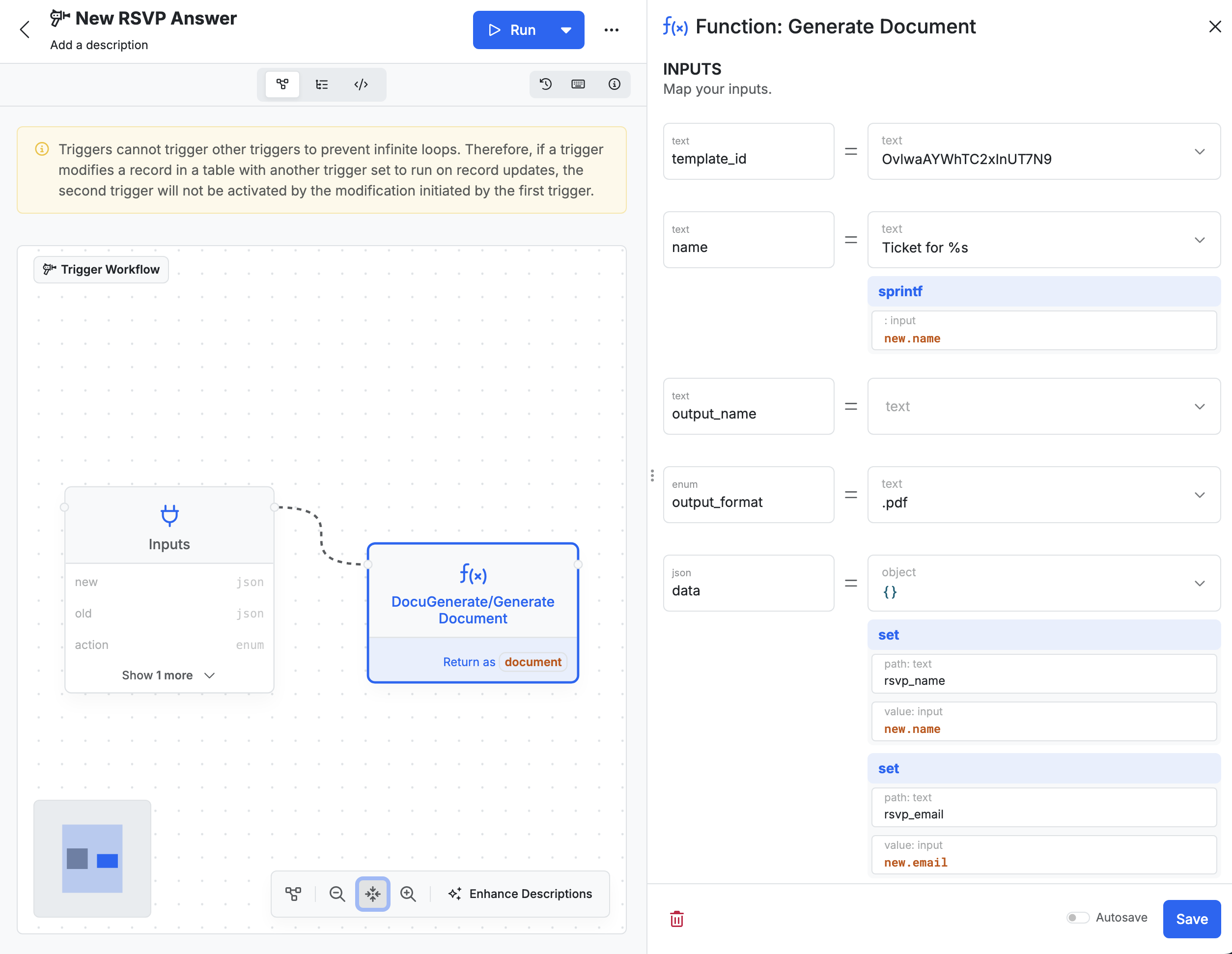 Configuring the "DocuGenerate/Generate Document" function