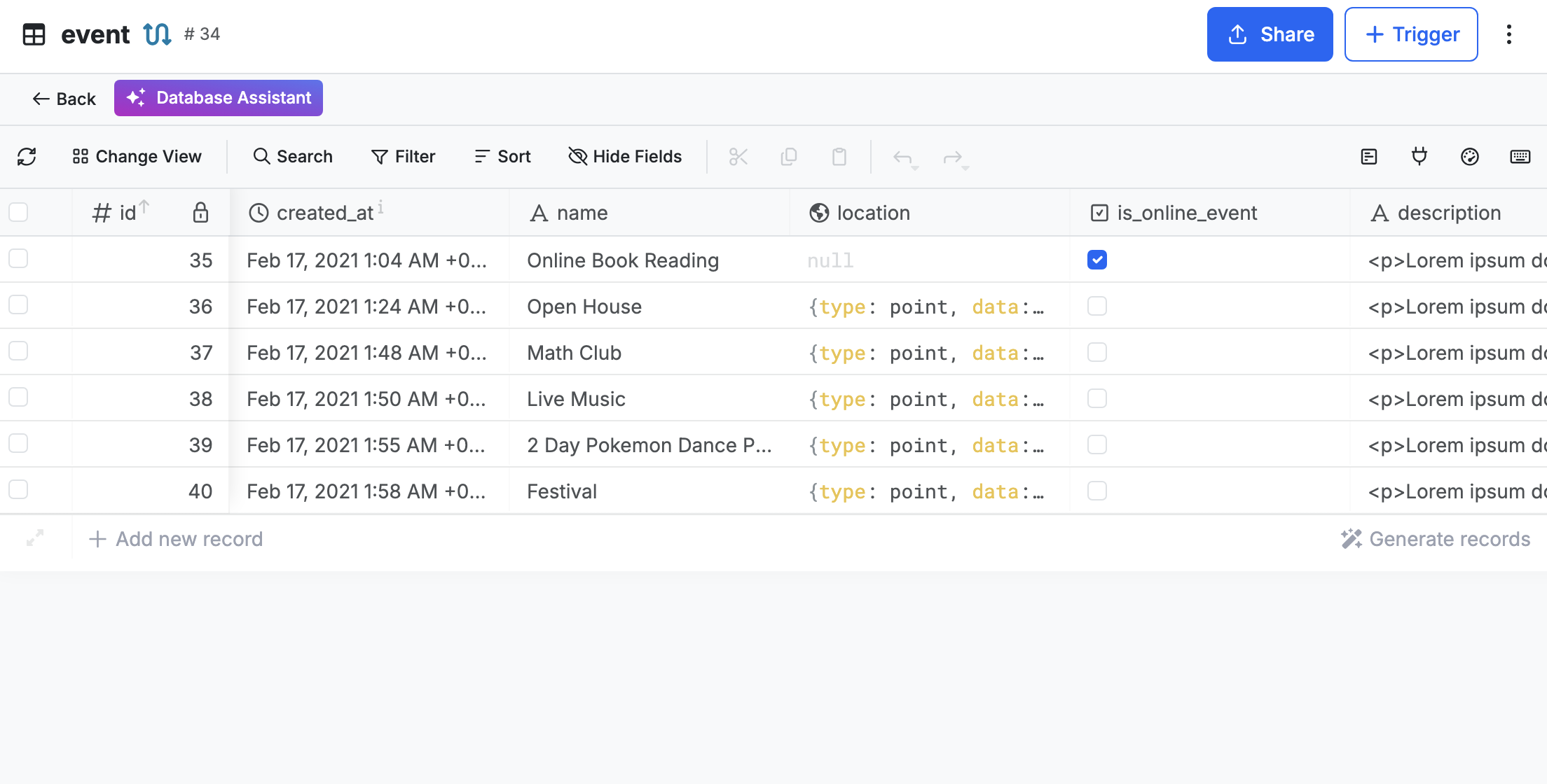 Event database table with sample records