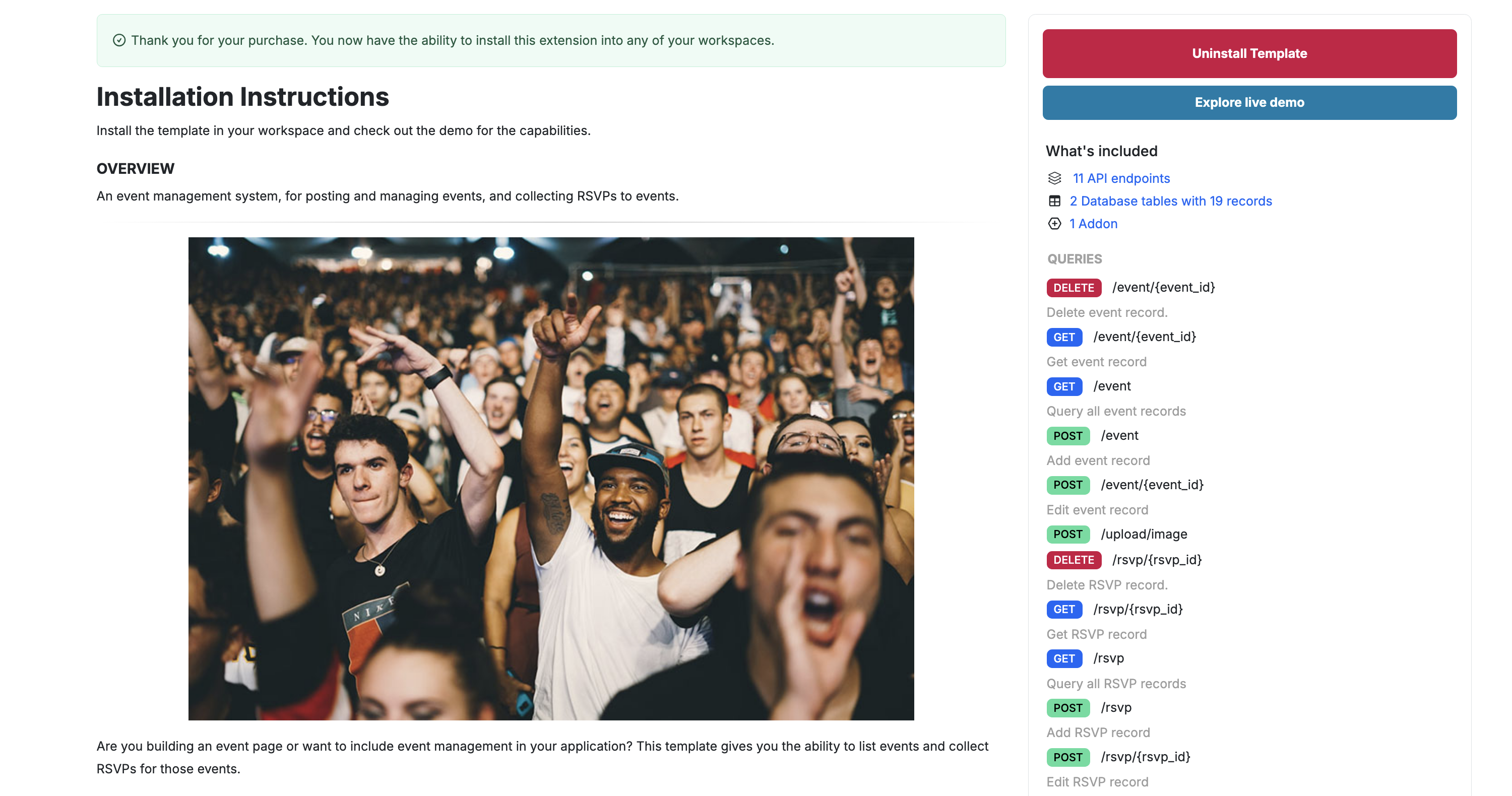 Events template installed in workspace