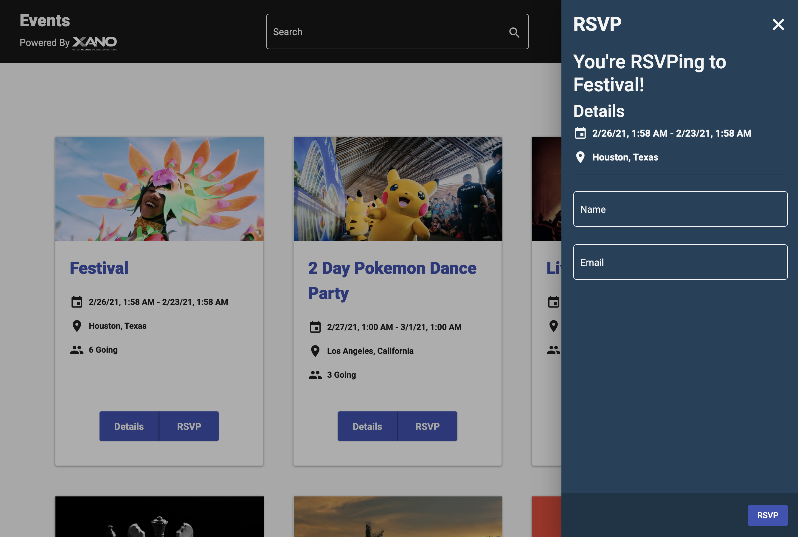 RSVP form for the "Festival" event