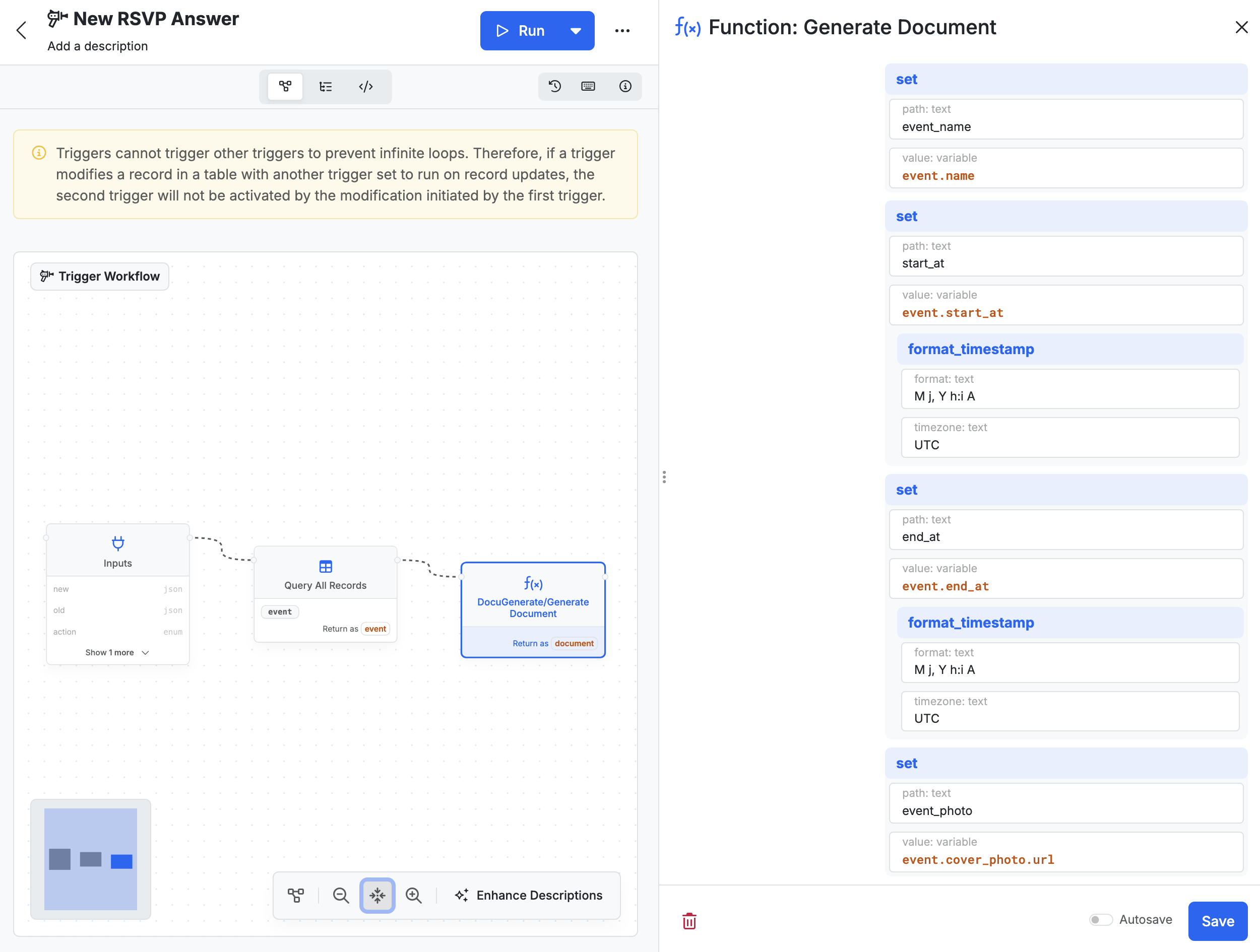 Configuring all parameters for the "Generate Document" function