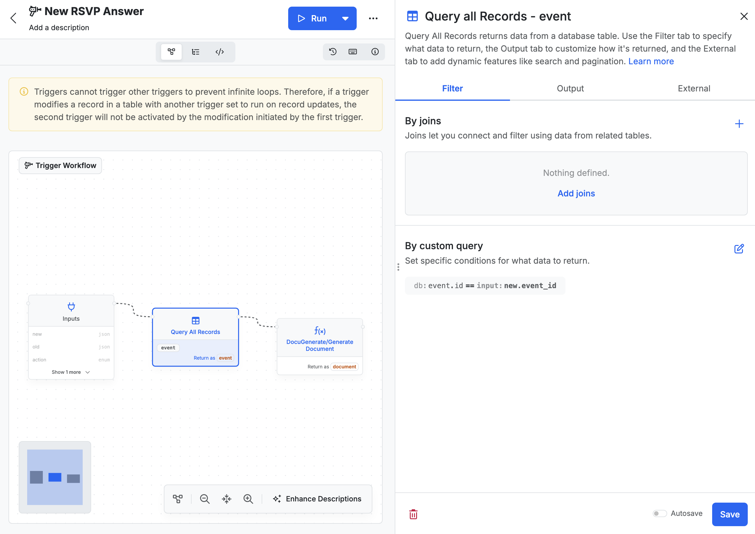 Configuring the "Query all Records" function for the "event" table