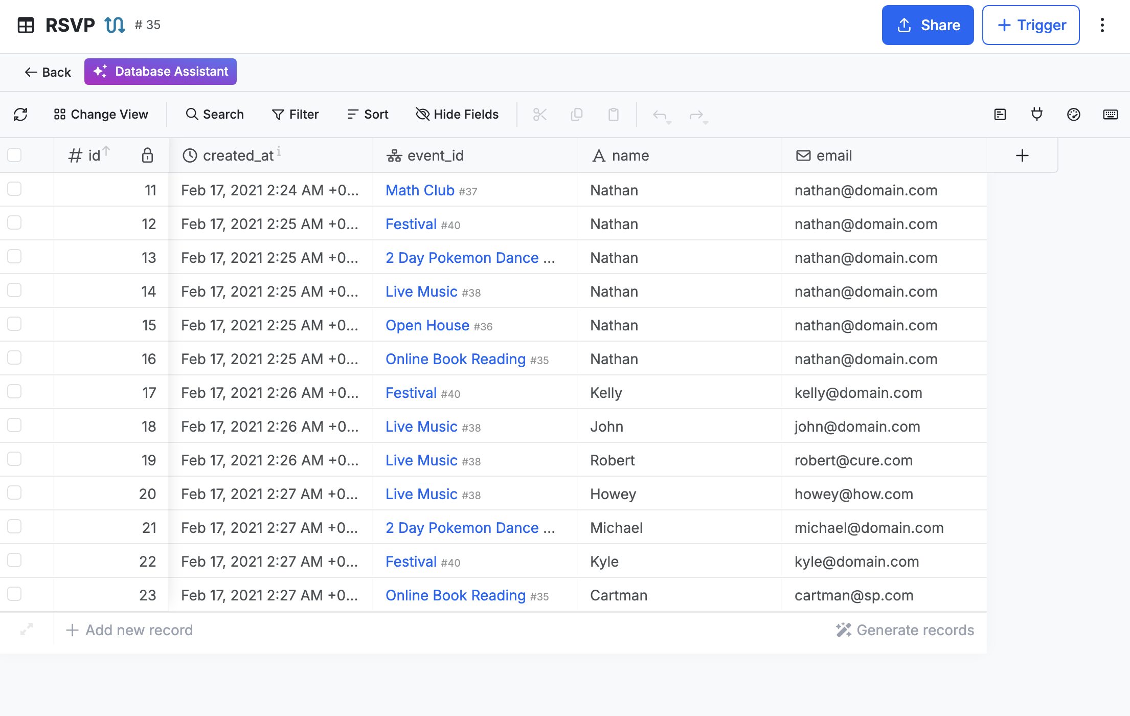 RSVP database table with sample records