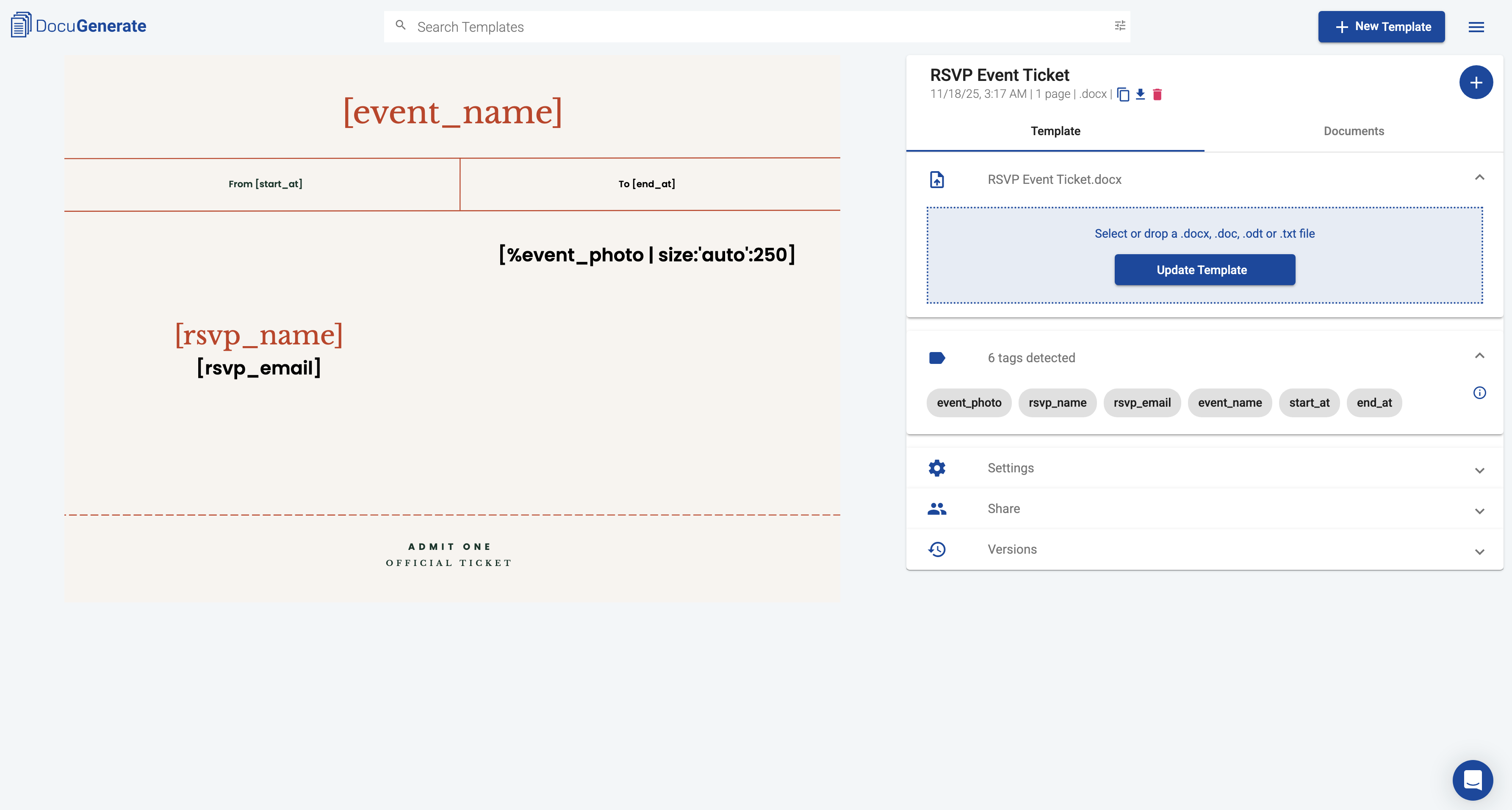 RSVP Event Ticket template in DocuGenerate