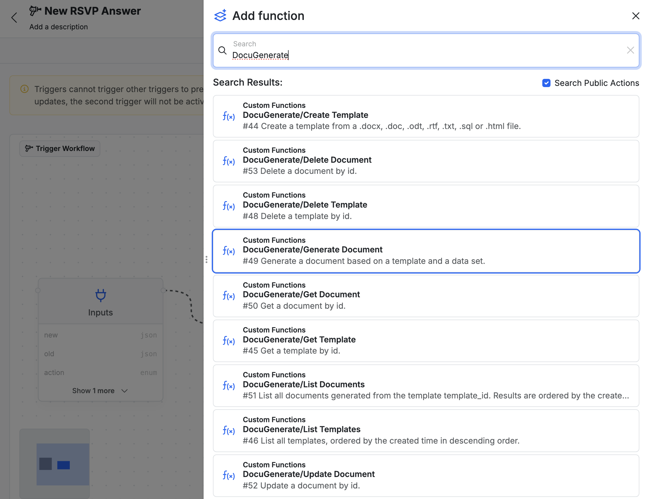 Adding the "DocuGenerate/Generate Document" function to the workflow