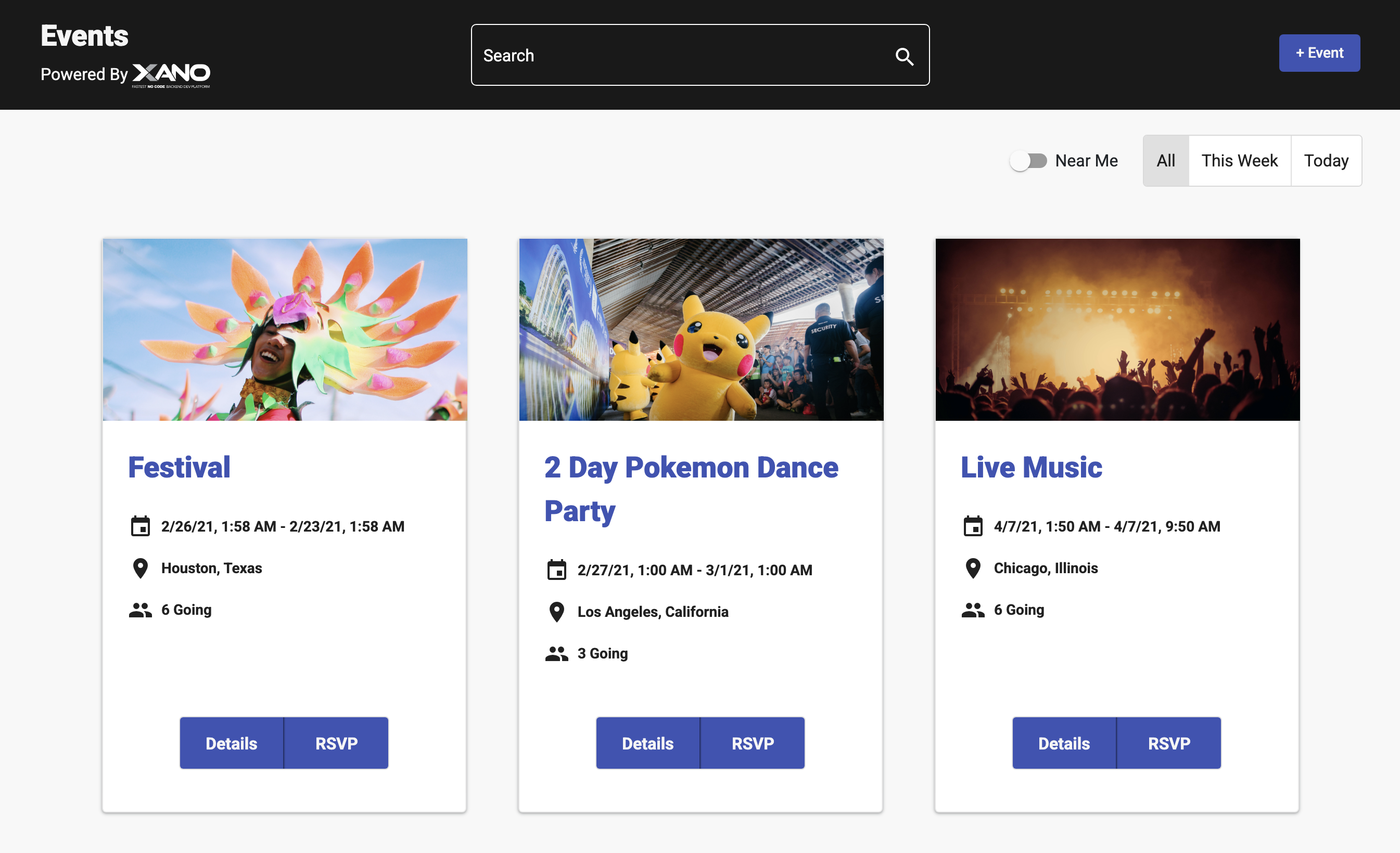 Xano Events app showing event cards
