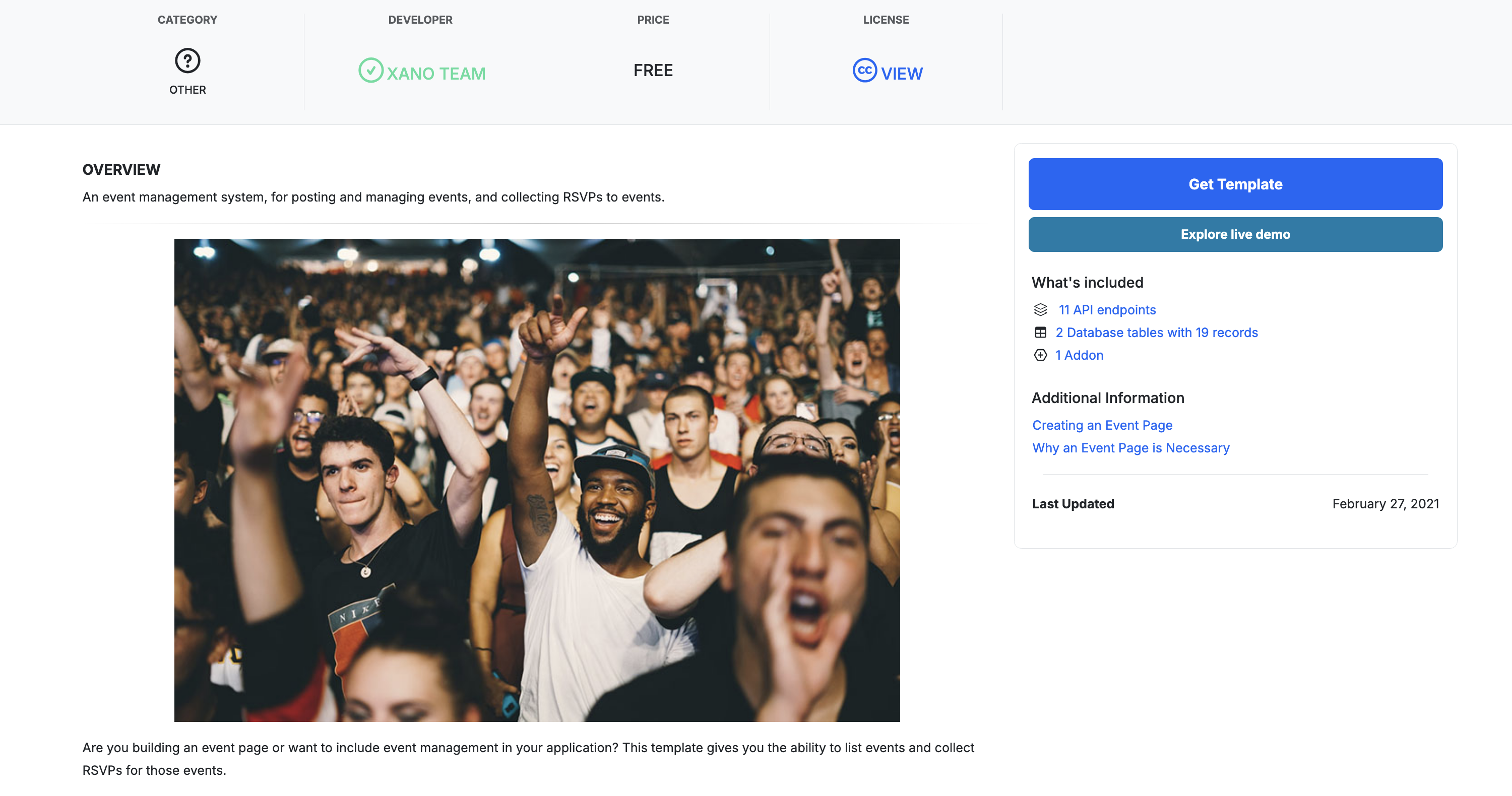The Events template from the Xano marketplace