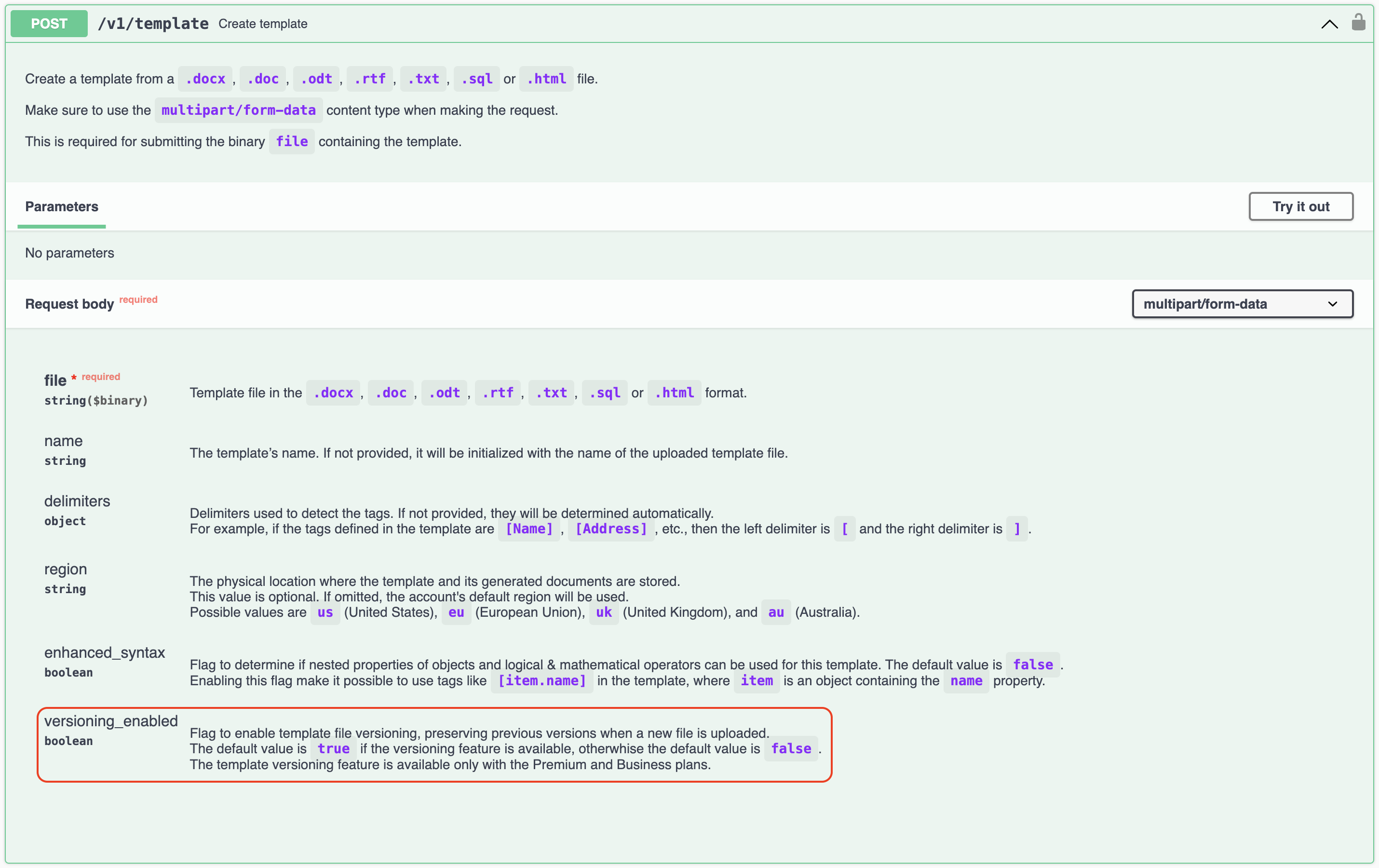 Parameters for the create template endpoint