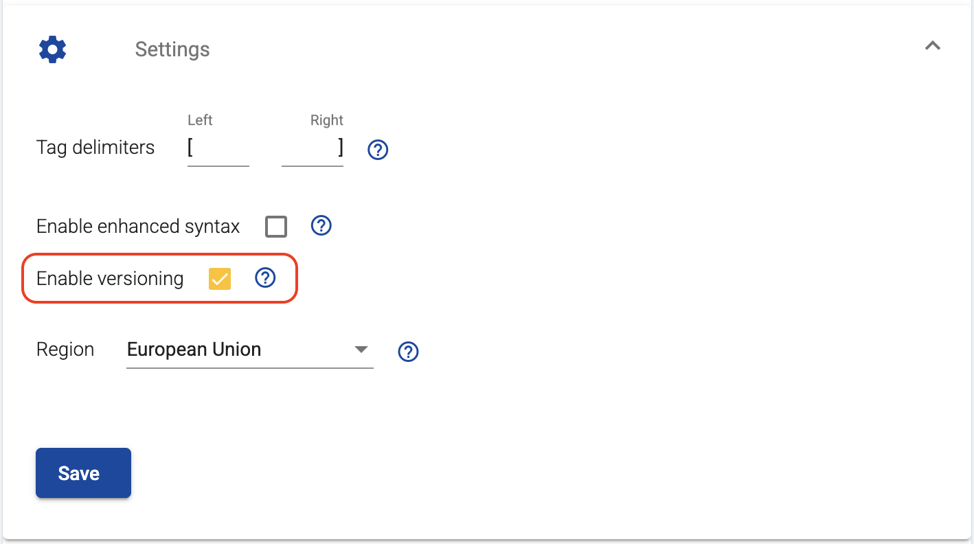Enable versioning toggle in template settings