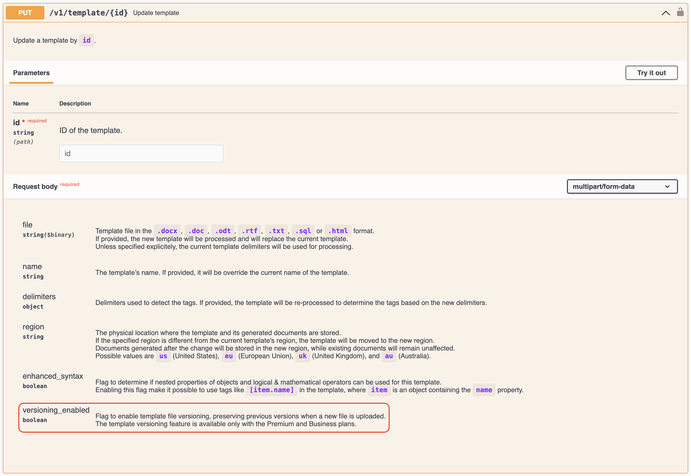 Parameters for the update template endpoint