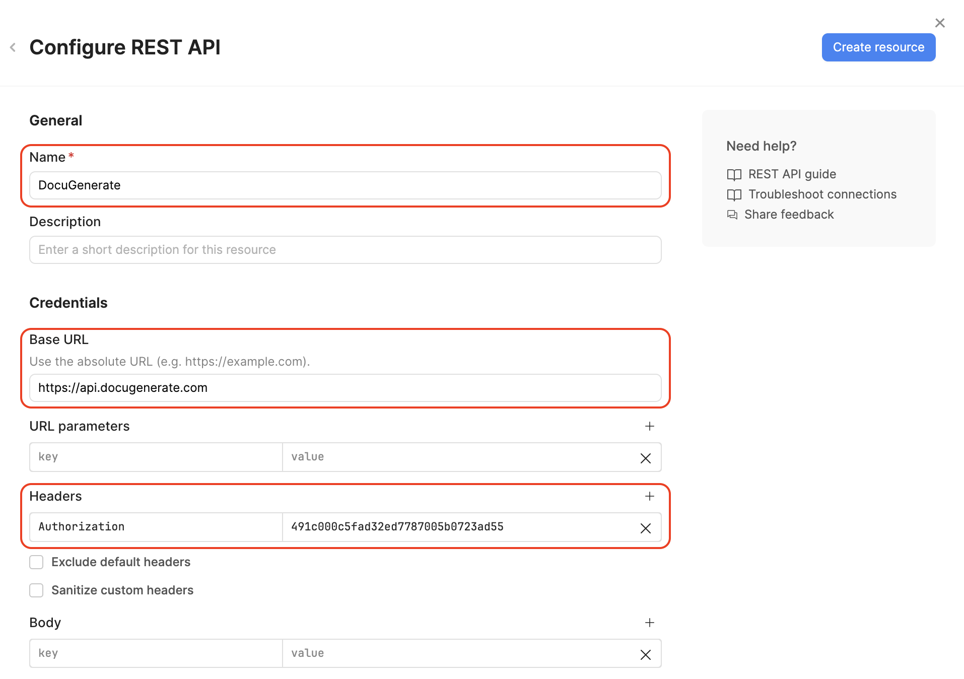 Configuring the REST API connection for DocuGenerate