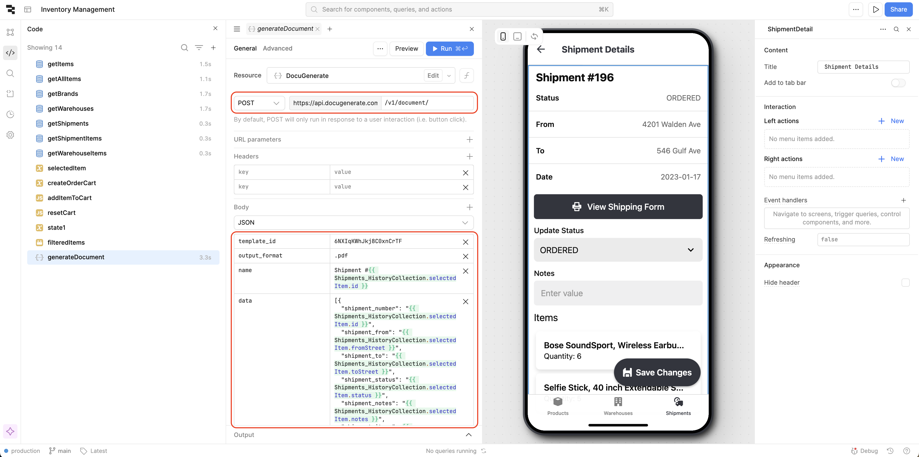 Generate document query configuration in Retool