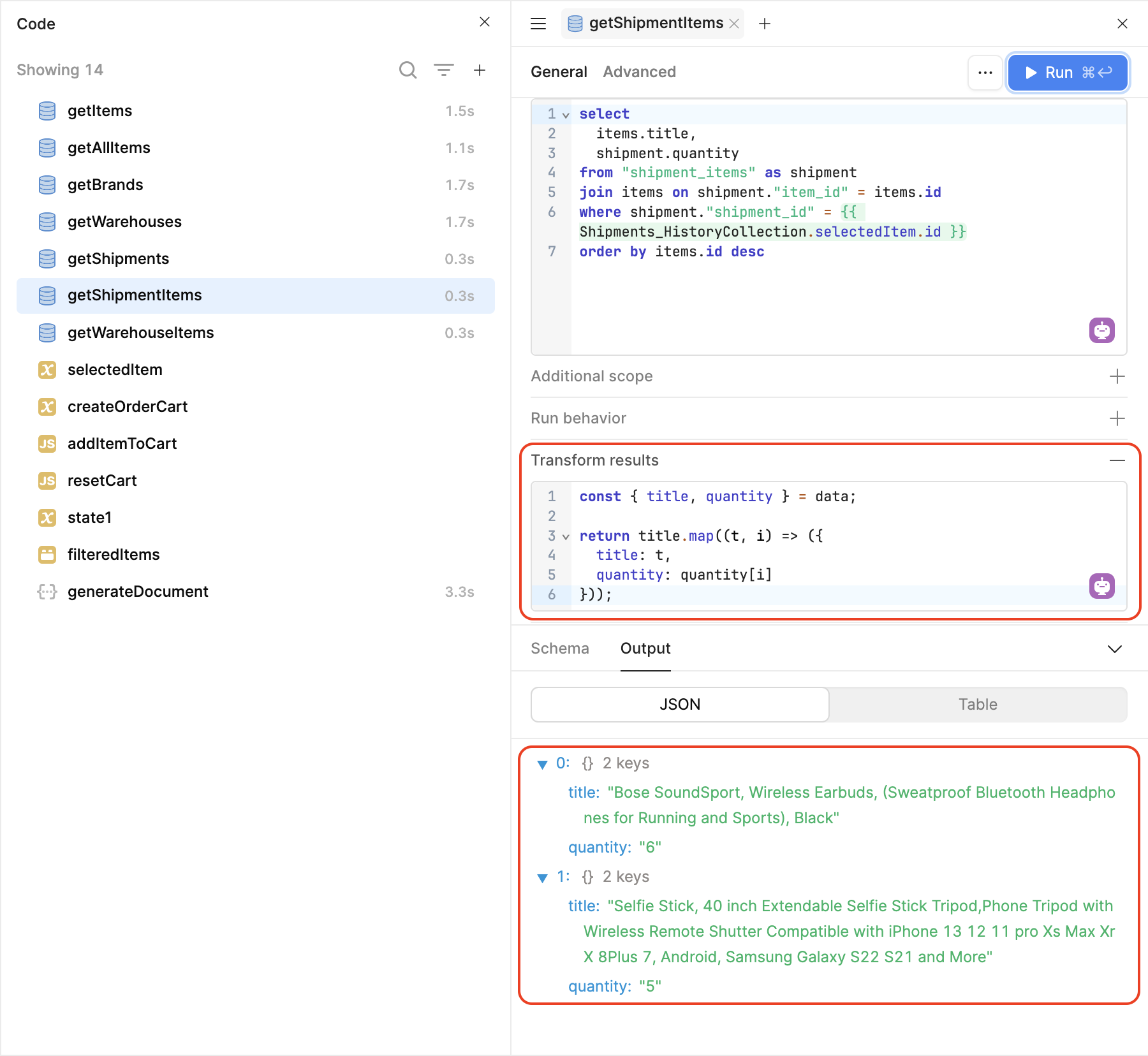 Transformed shipment items array for template processing
