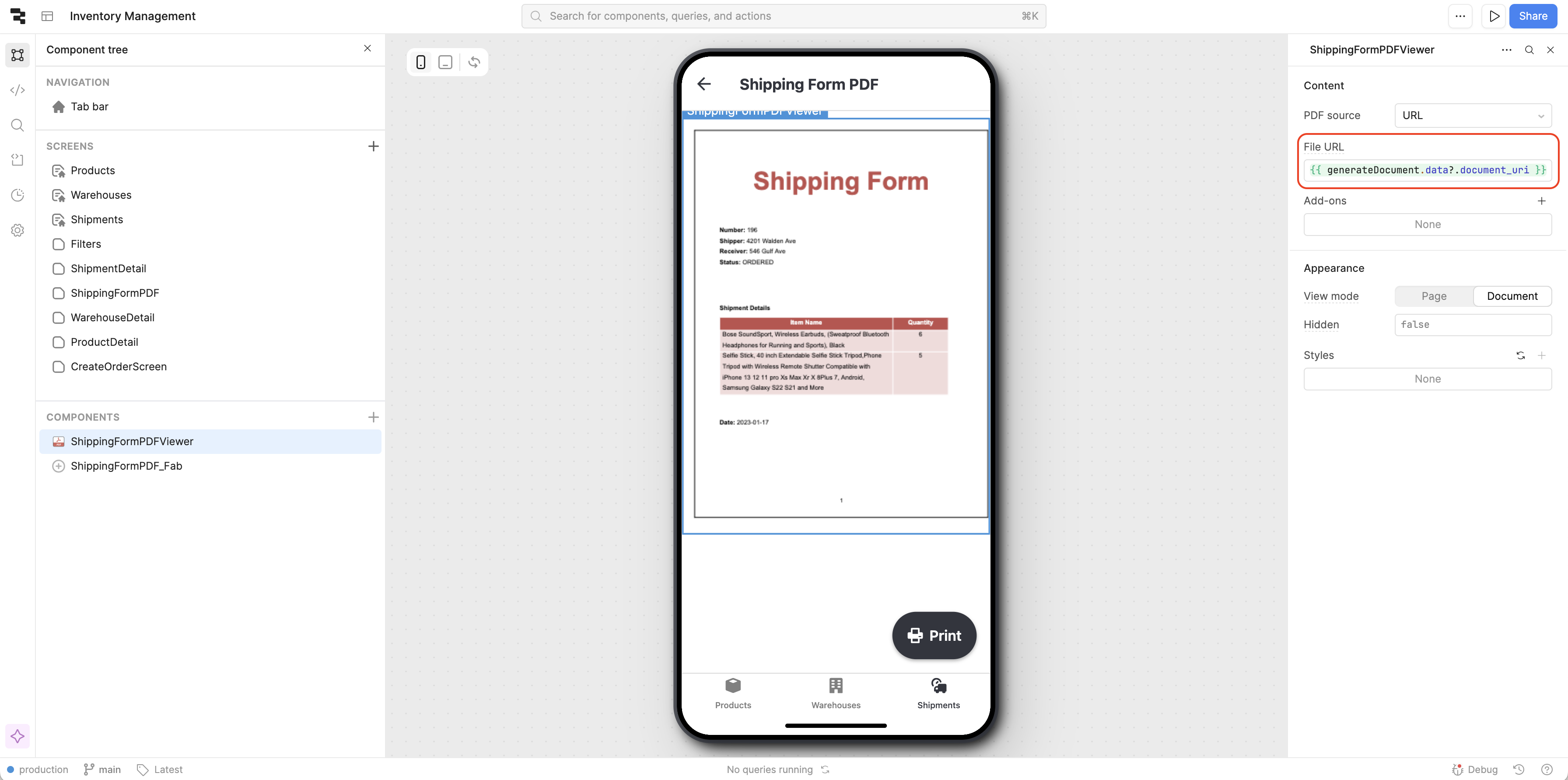 Generated shipping form PDF displayed in viewer