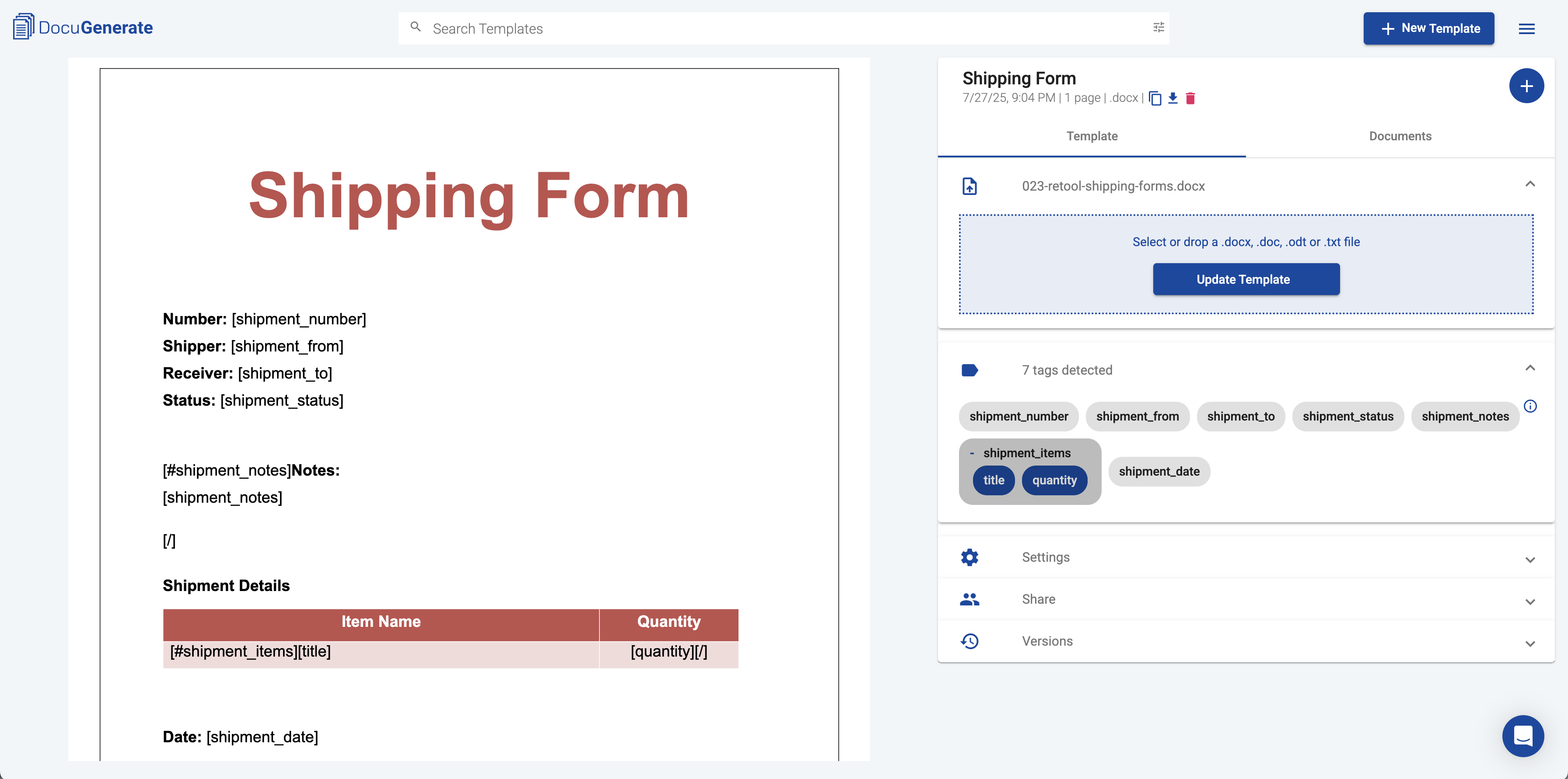Image of the Shipping Form Template