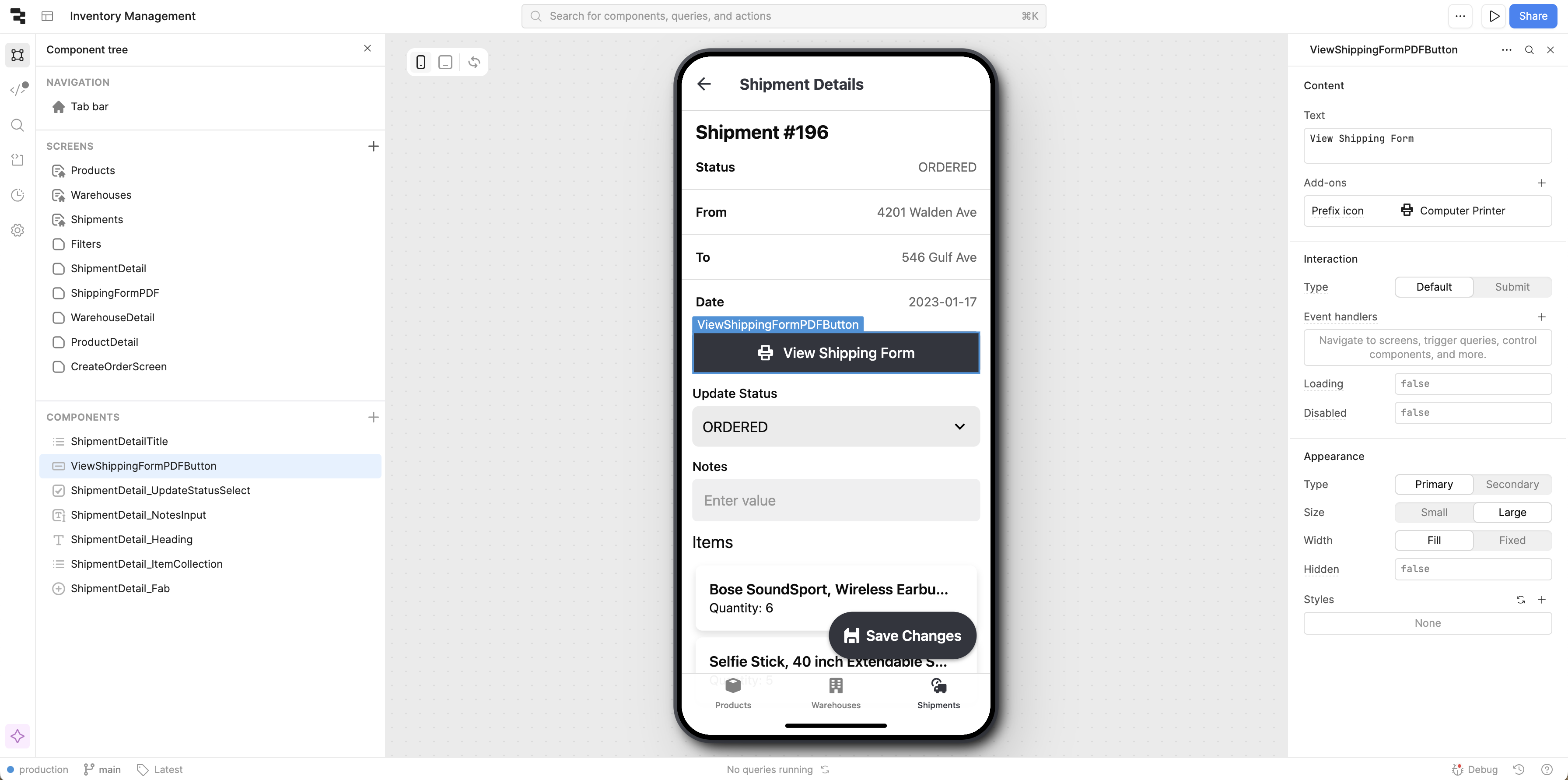 View Shipping Form PDF button on shipment detail page