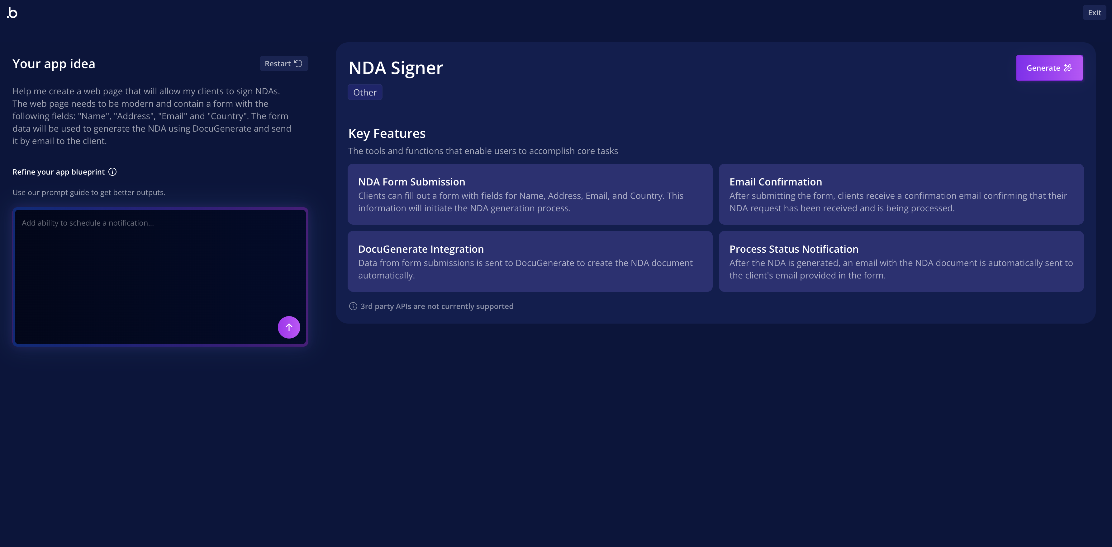 AI prompt for generating the NDA application