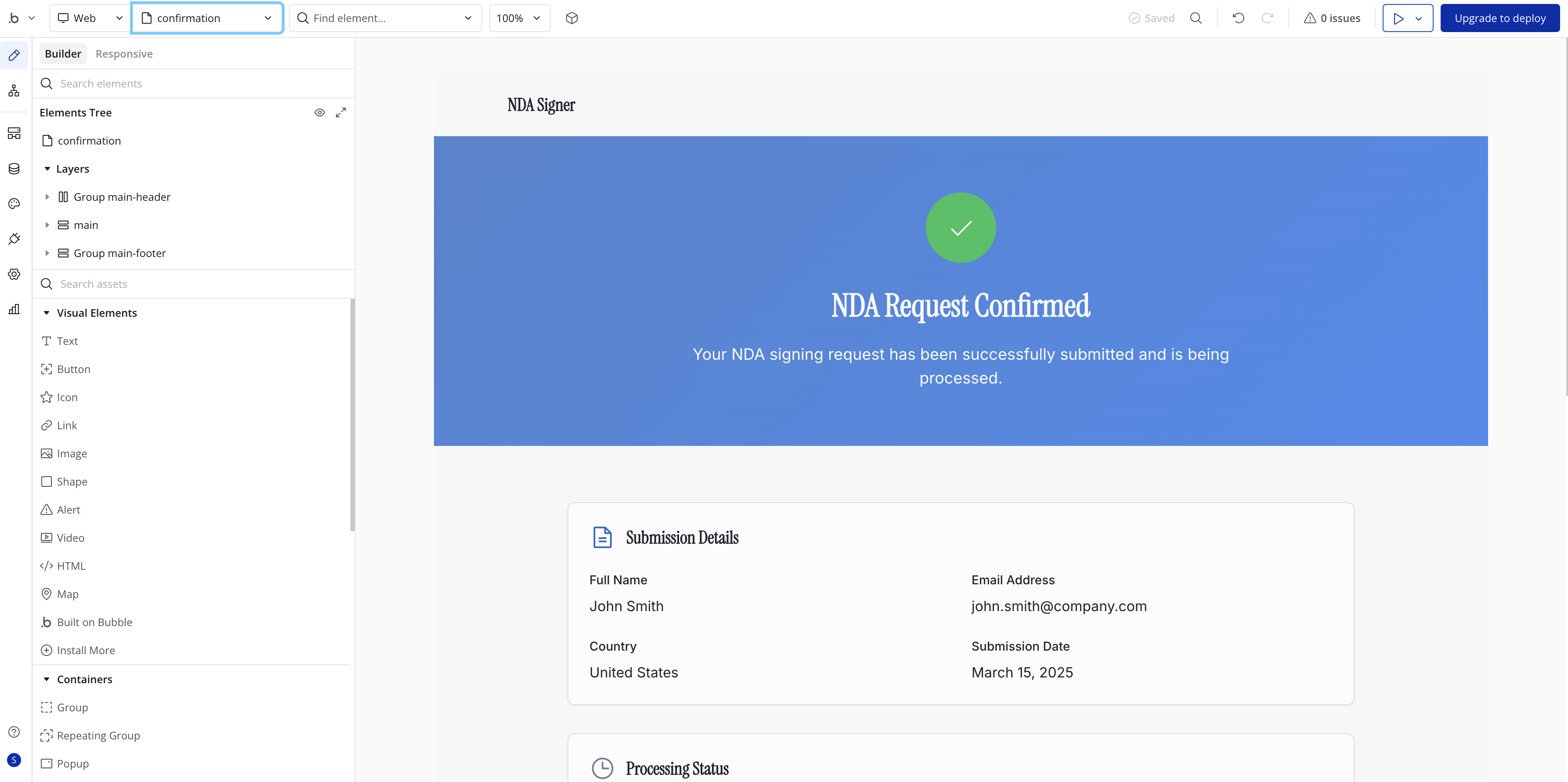 Confirmation page showing submission details