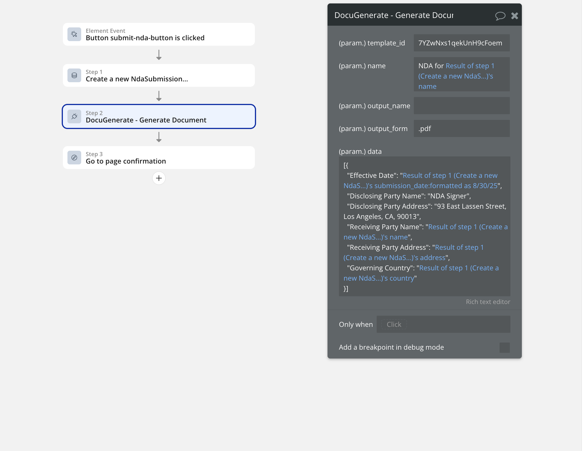 Configuring the generate document action