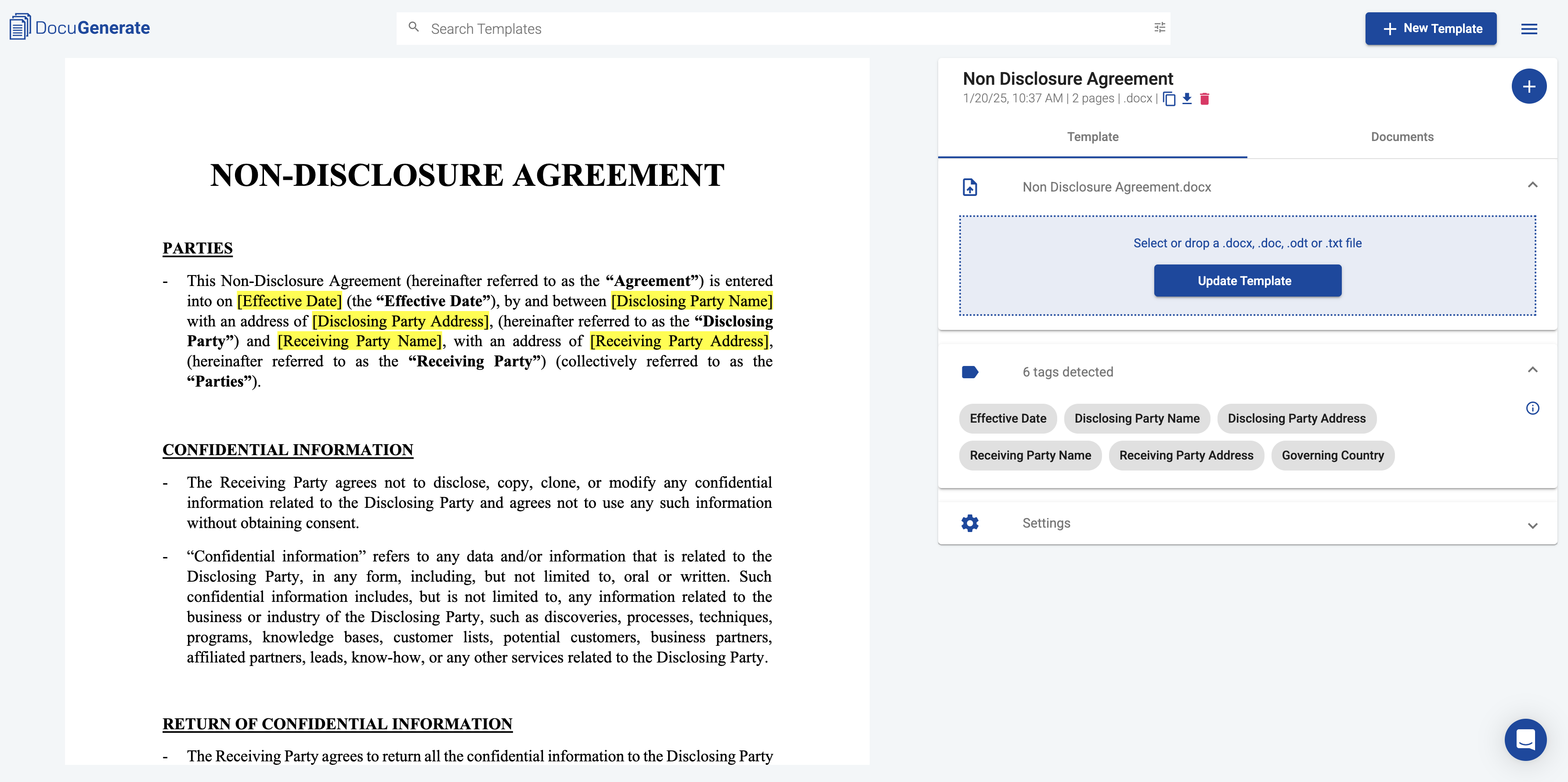 DocuGenerate NDA template preview