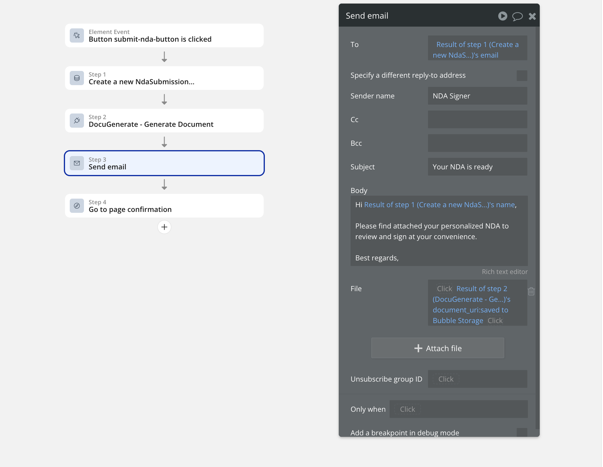 Configuring the email delivery action