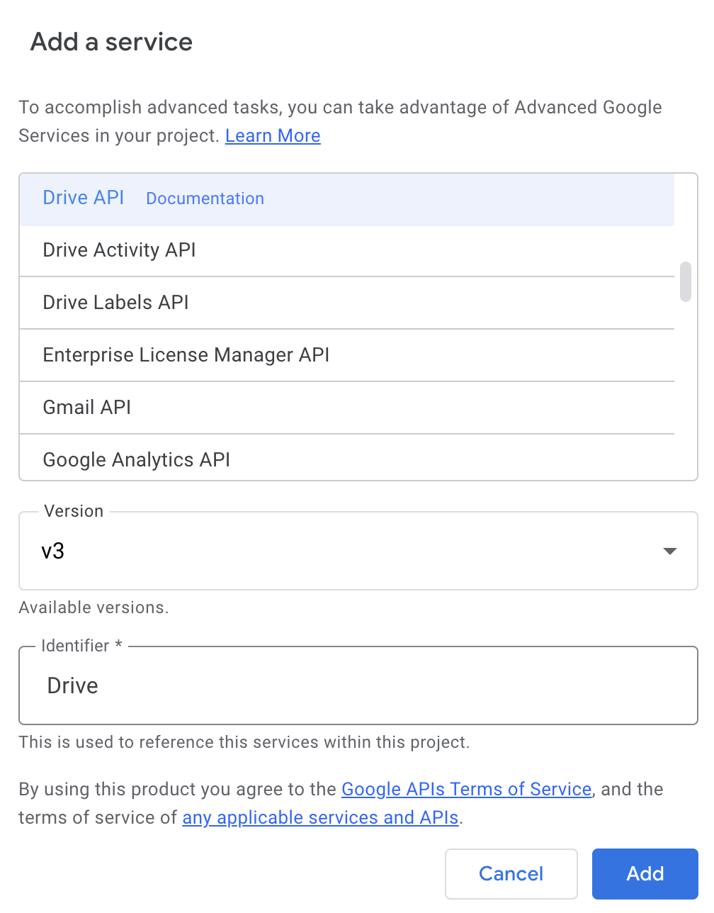 Adding the Google Drive API service