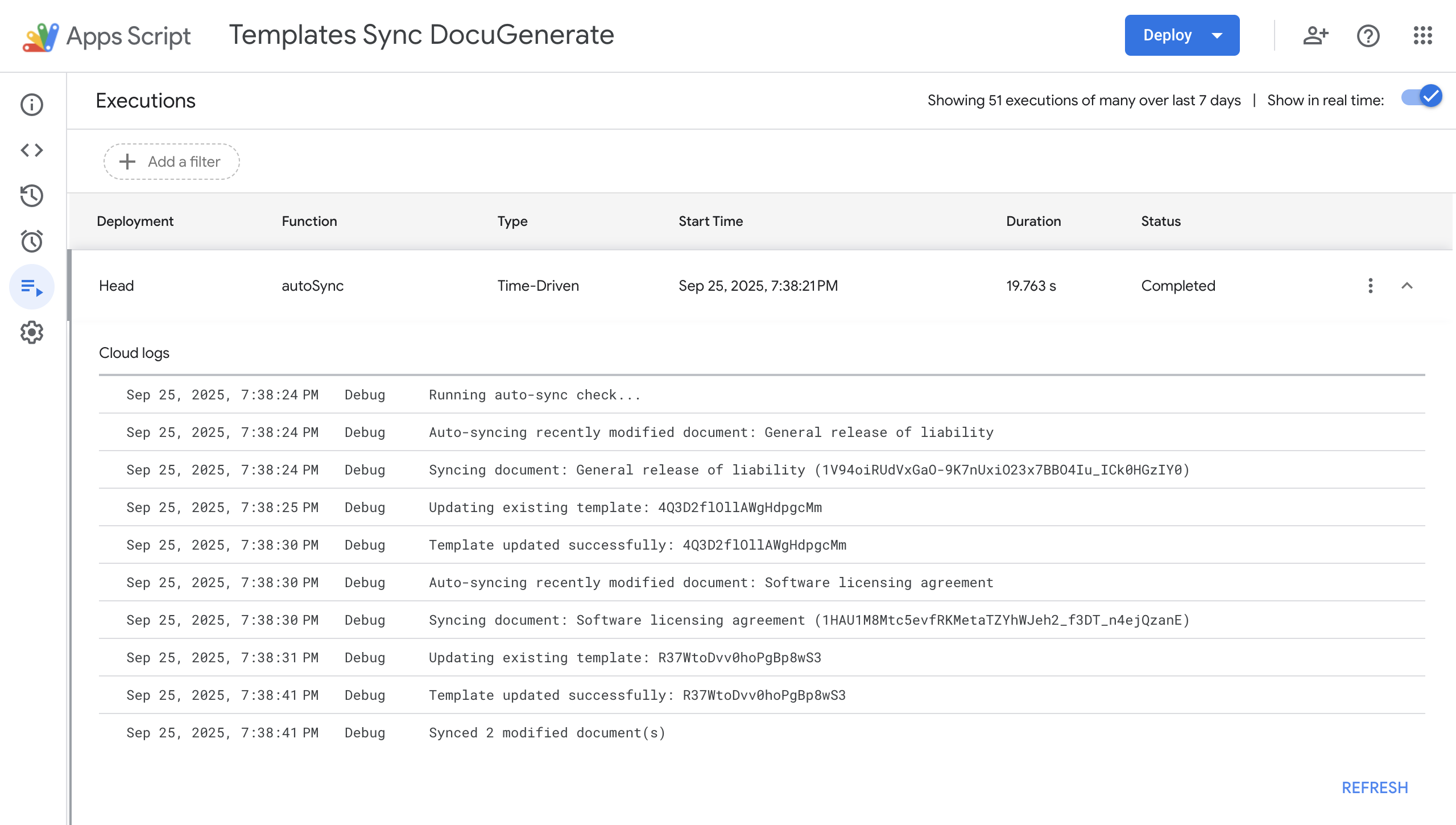 Automatic sync execution logs