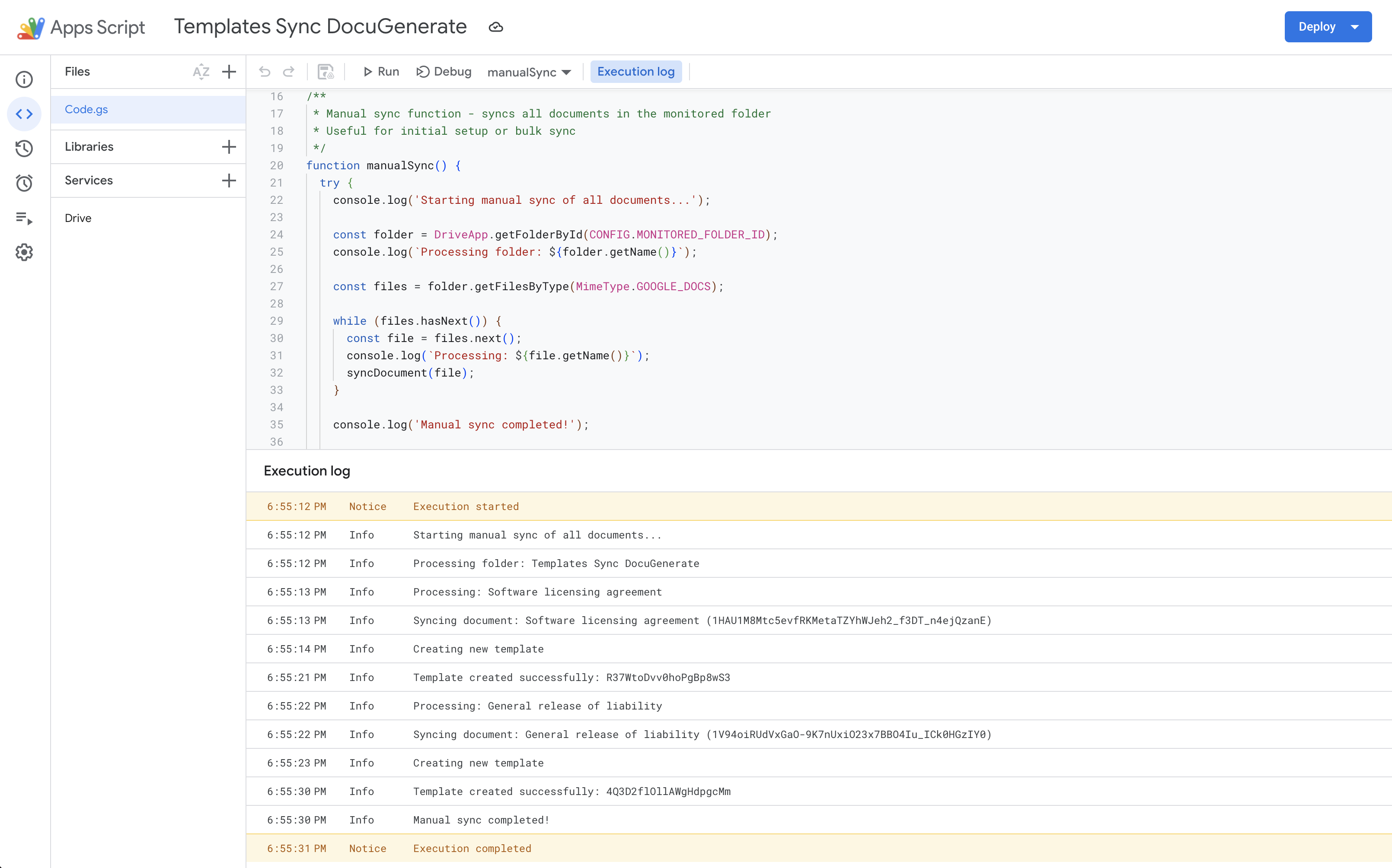 Manual sync execution logs