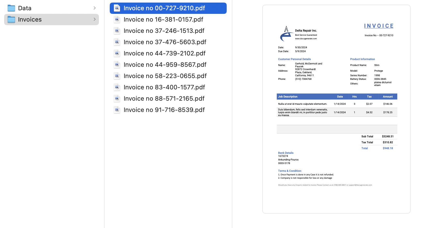 Generated invoices in the output folder