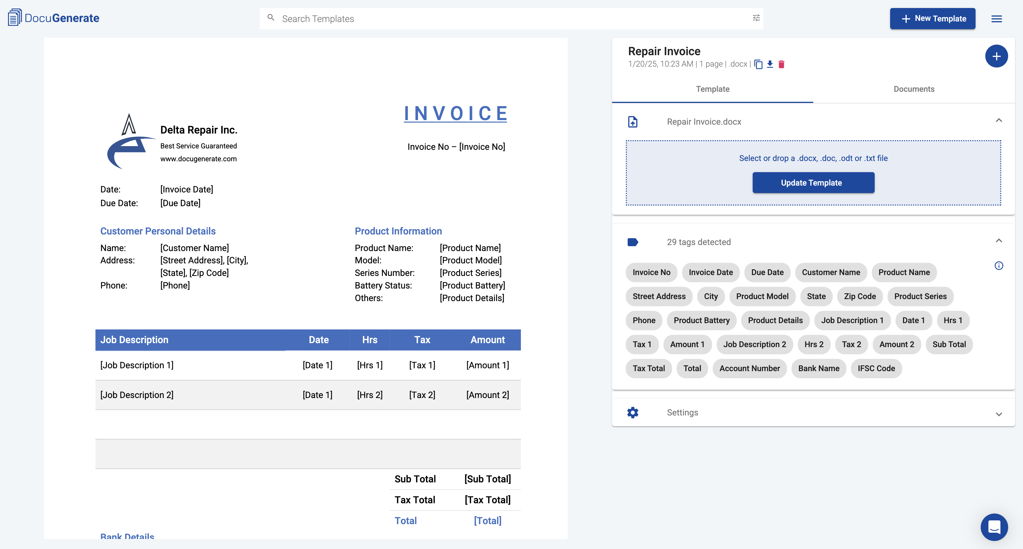 The Repair Invoice template in DocuGenerate