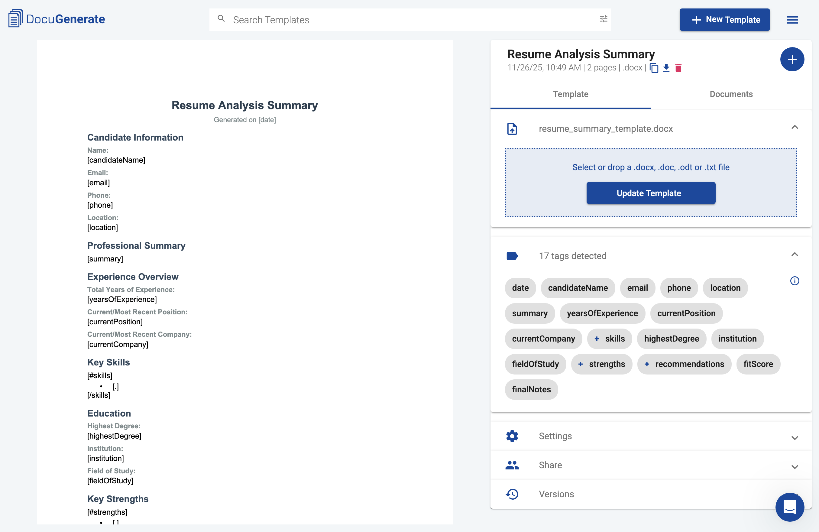 Screenshot of the resume summary template in DocuGenerate