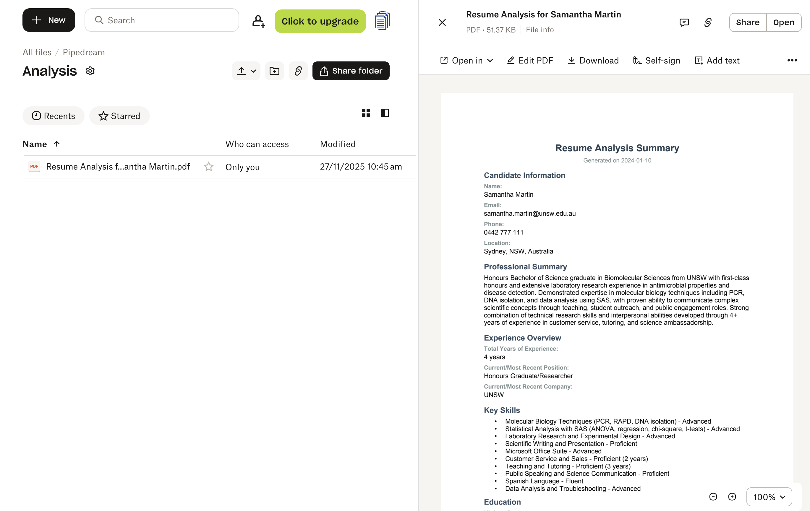 Example of the generated PDF analysis saved to Dropbox